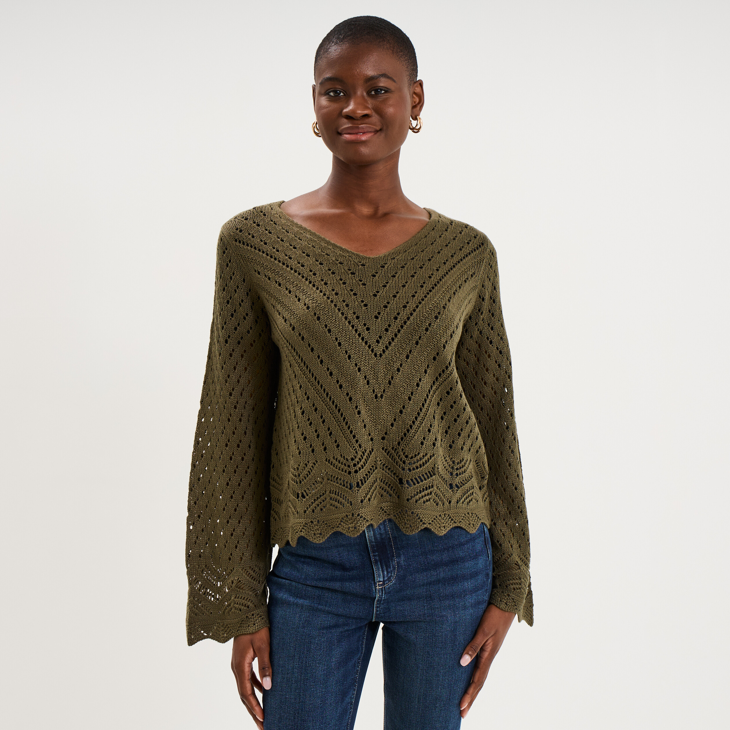 Pull ajour&eacute; col en V manches longues taupe femme