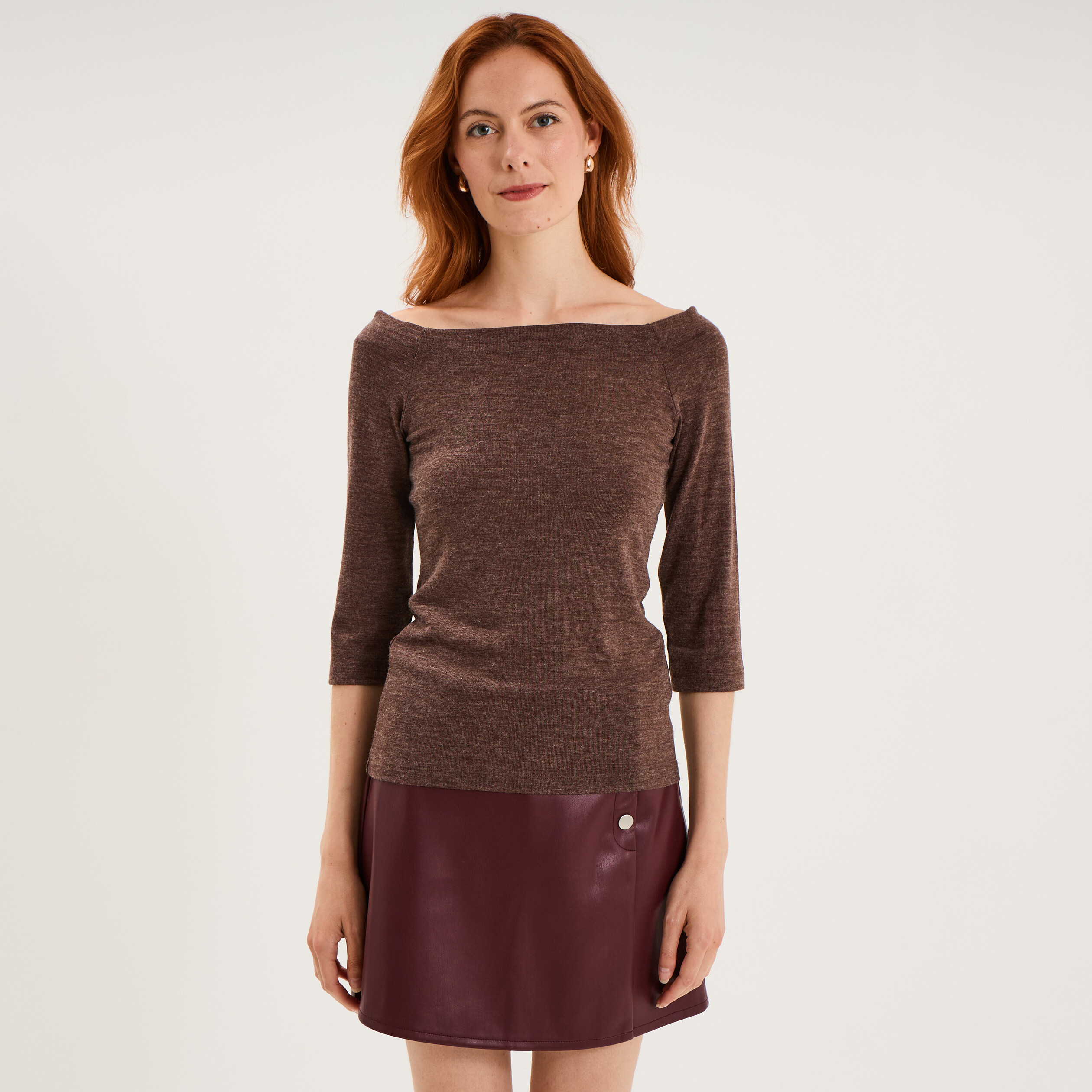T-shirt cintr&eacute; col bardot manches 3/4 taupe femme