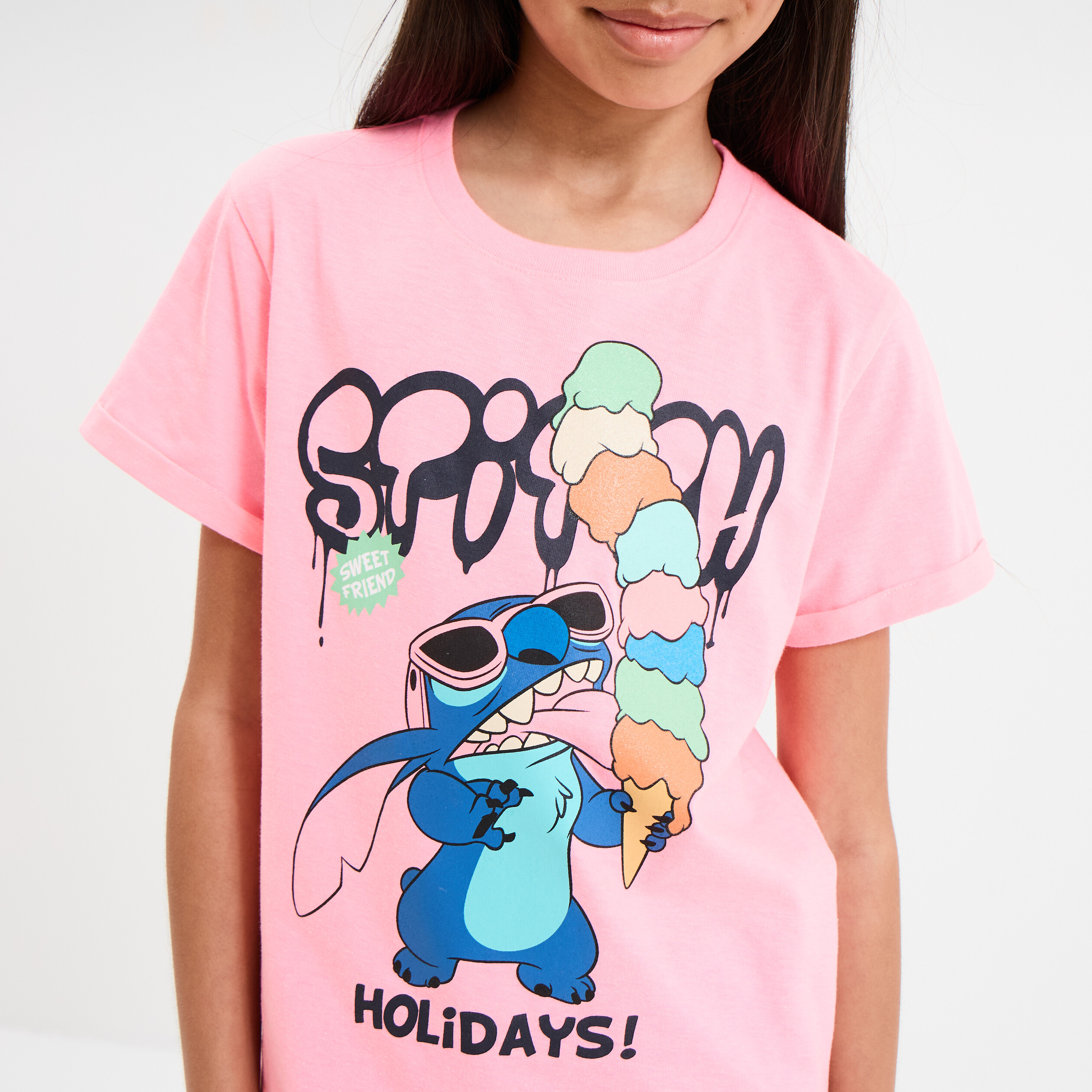 t shirt manches courtes stitch rose fluo fille T-shirt manches courtes Stitch rose fluo fille