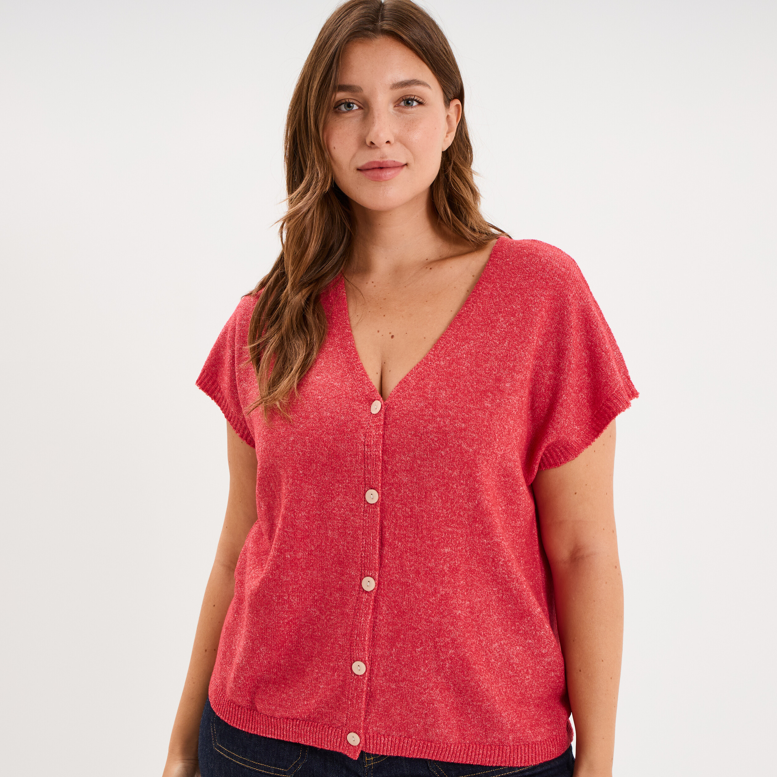 Gilet manches courtes col en V rose cerise femme grande taille