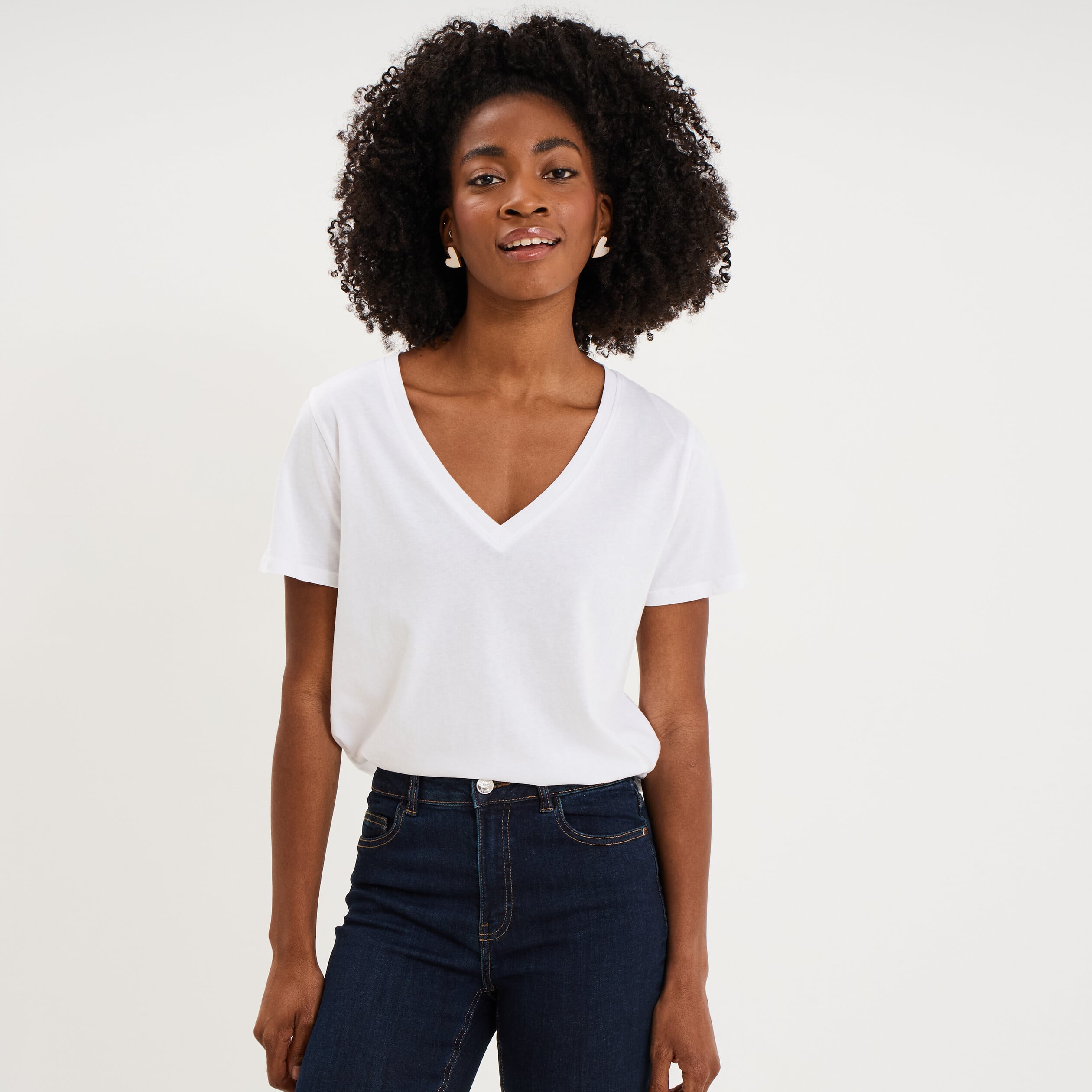 T-shirt manches courtes col en V coton blanc femme
