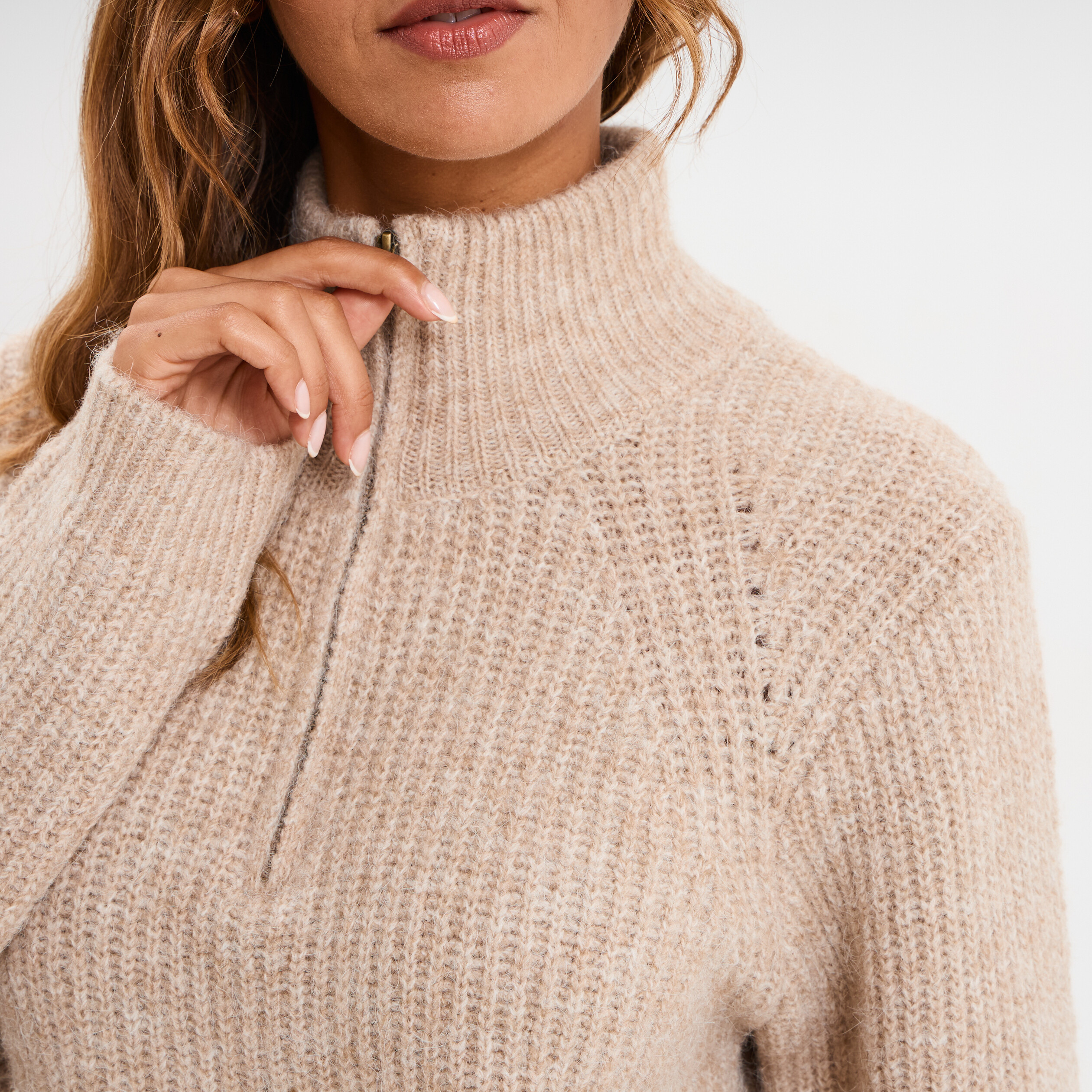 Pull col camionneur manches longues beige femme