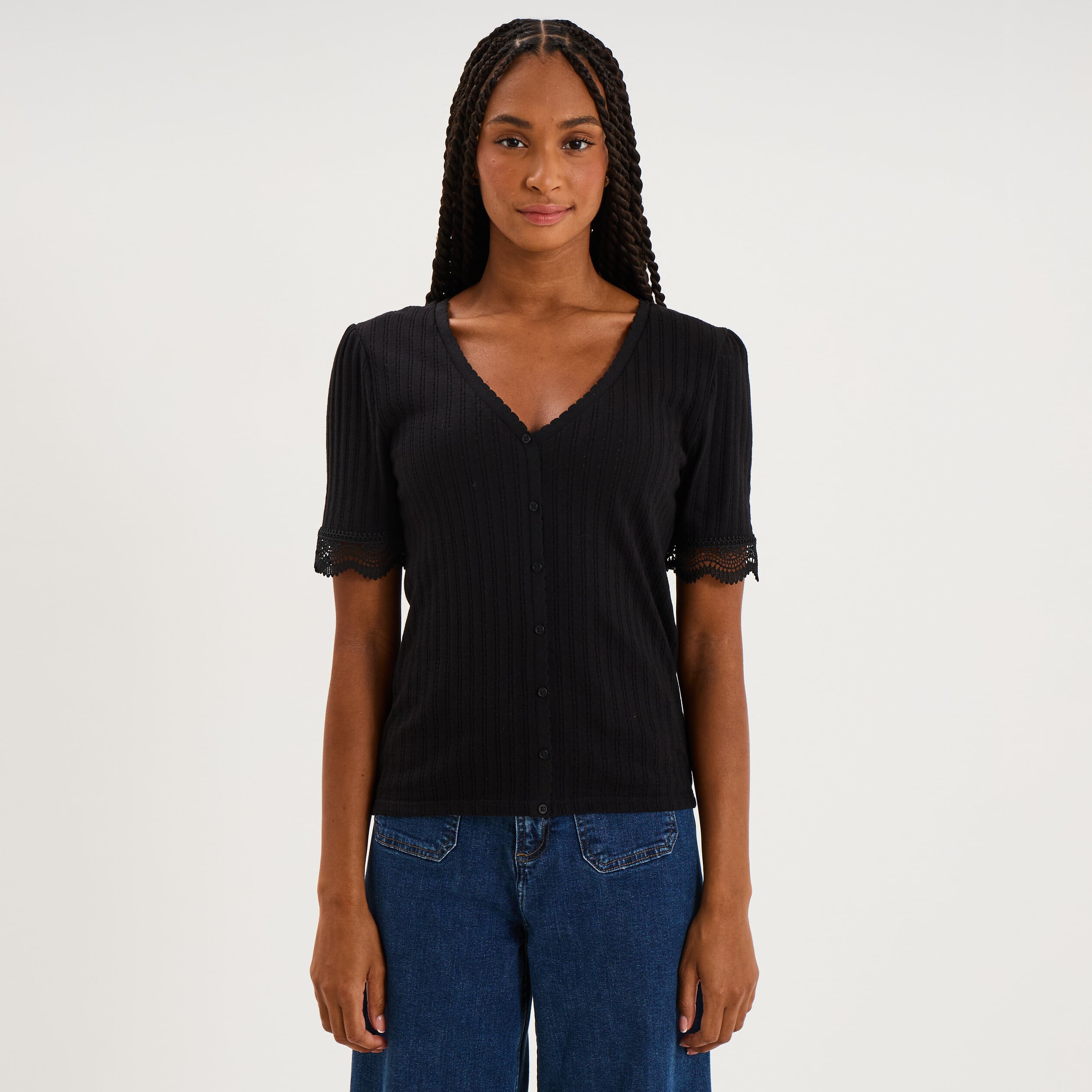 Blouse manches courtes col V dentelle noir femme