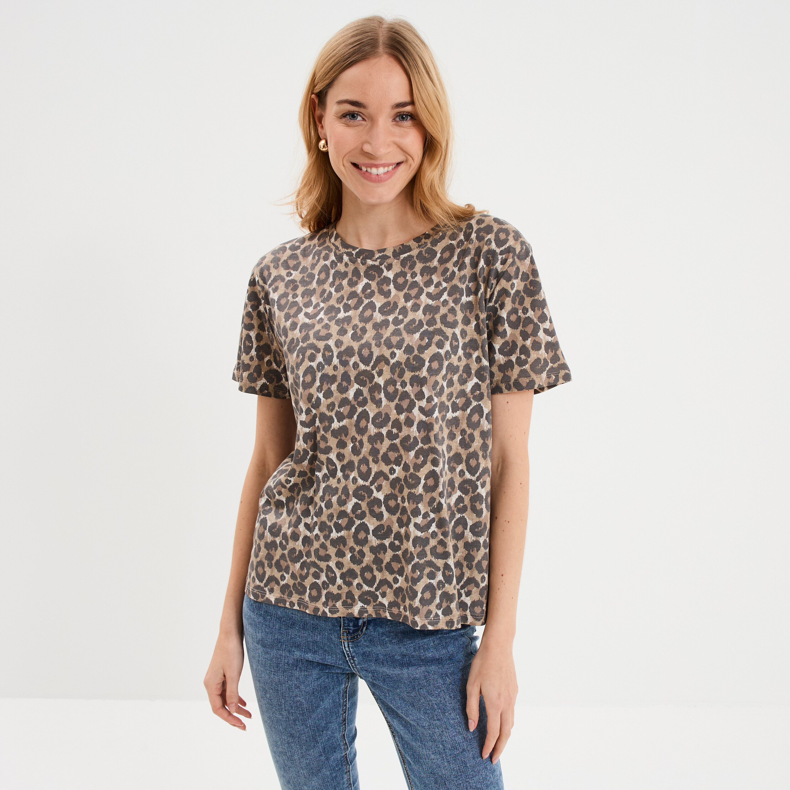 T-shirt coton col rond manches courtes beige fonce femme