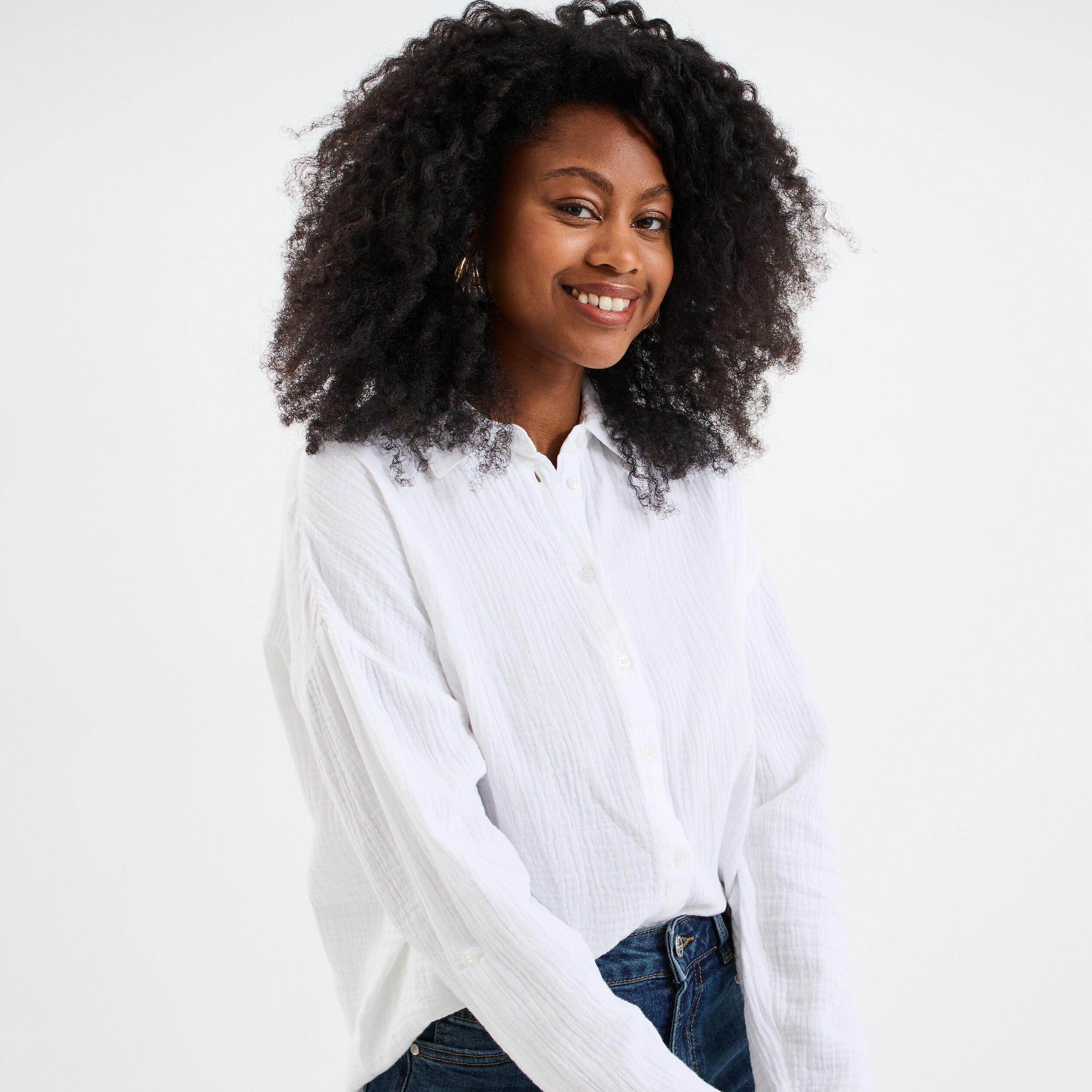 chemise manches longues en gaze de coton blanc femme Chemise manches longues en gaze de coton blanc femme