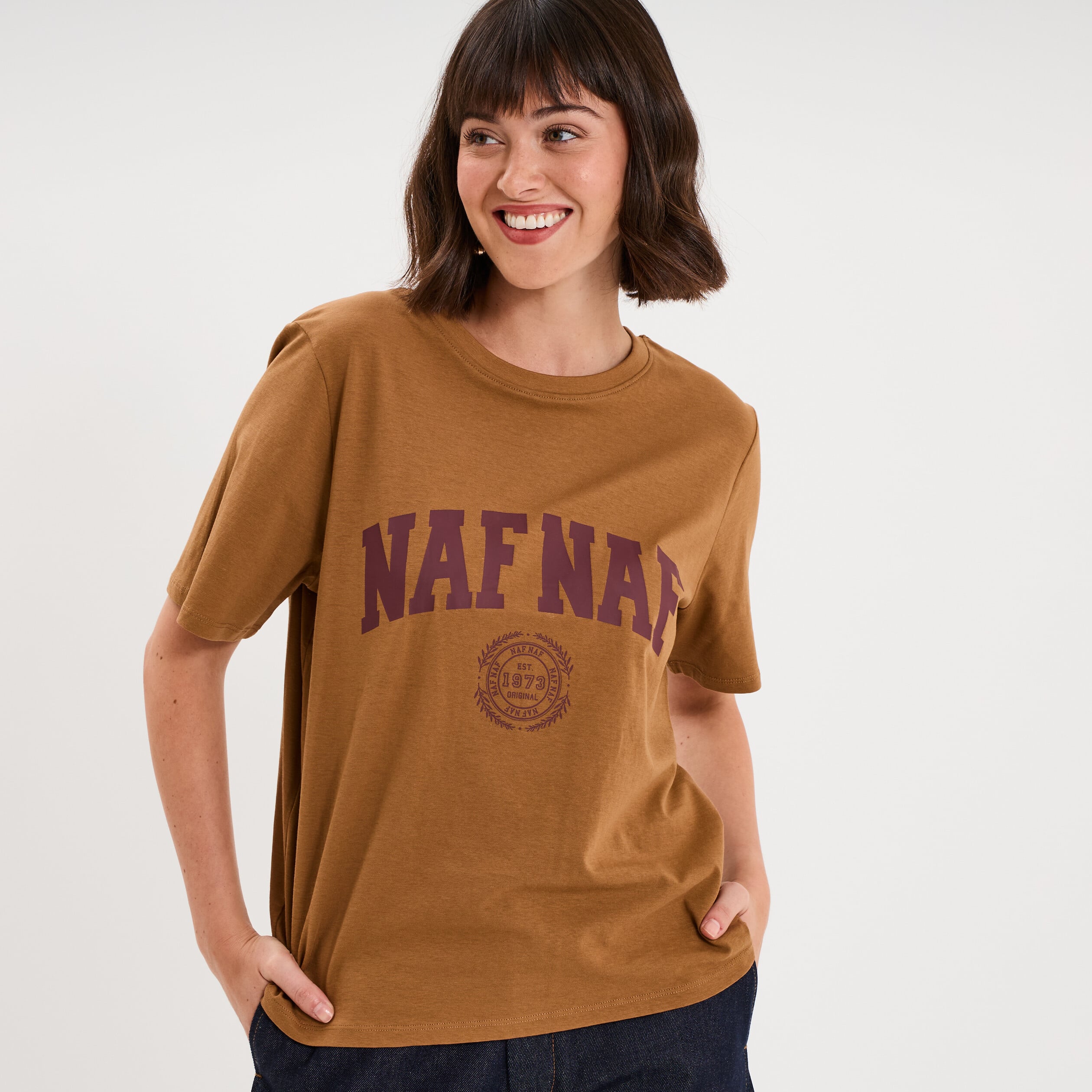 T-shirt col rond manches courtes print marron clair femme