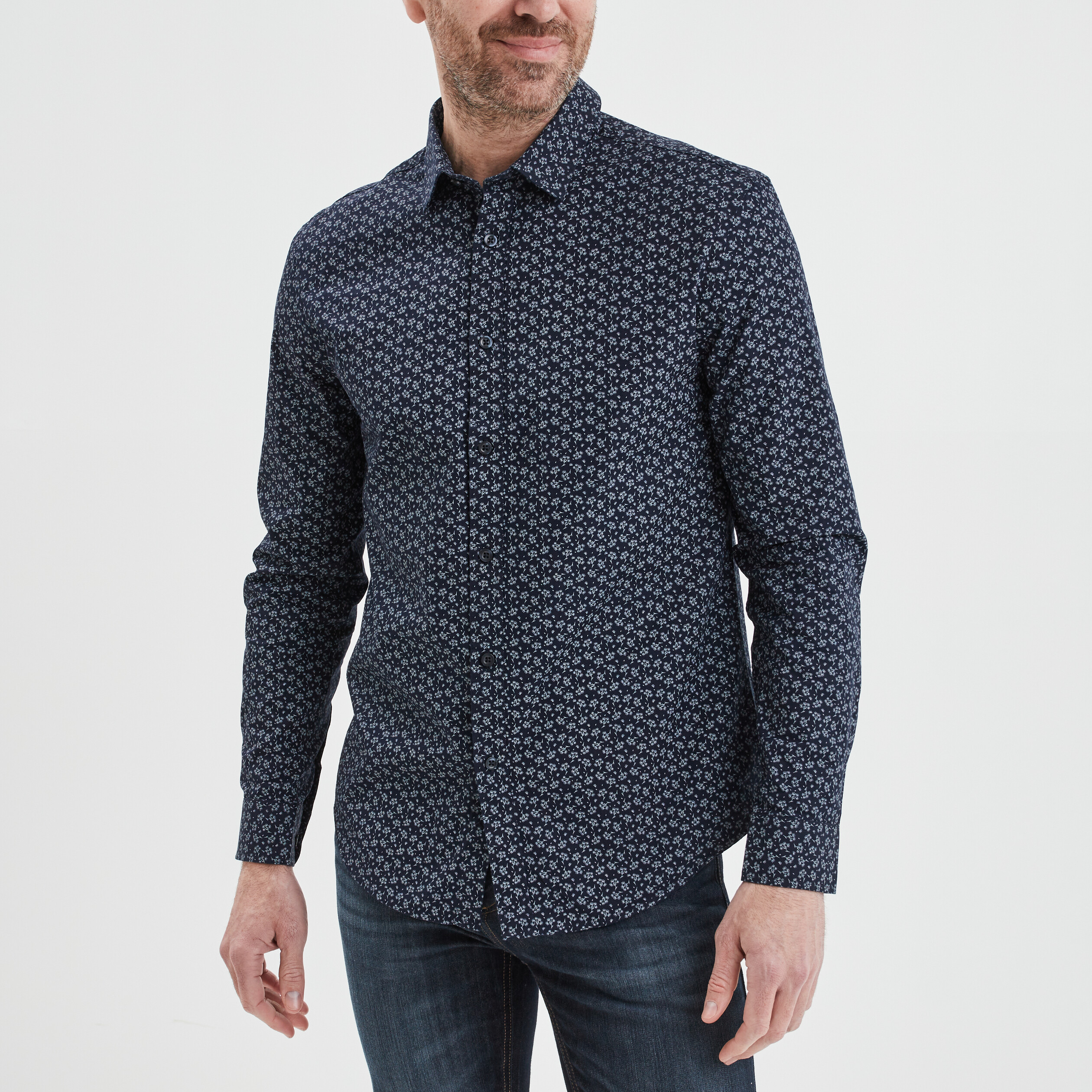 Chemise droite imprim&eacute;e manches longues bleu marine homme