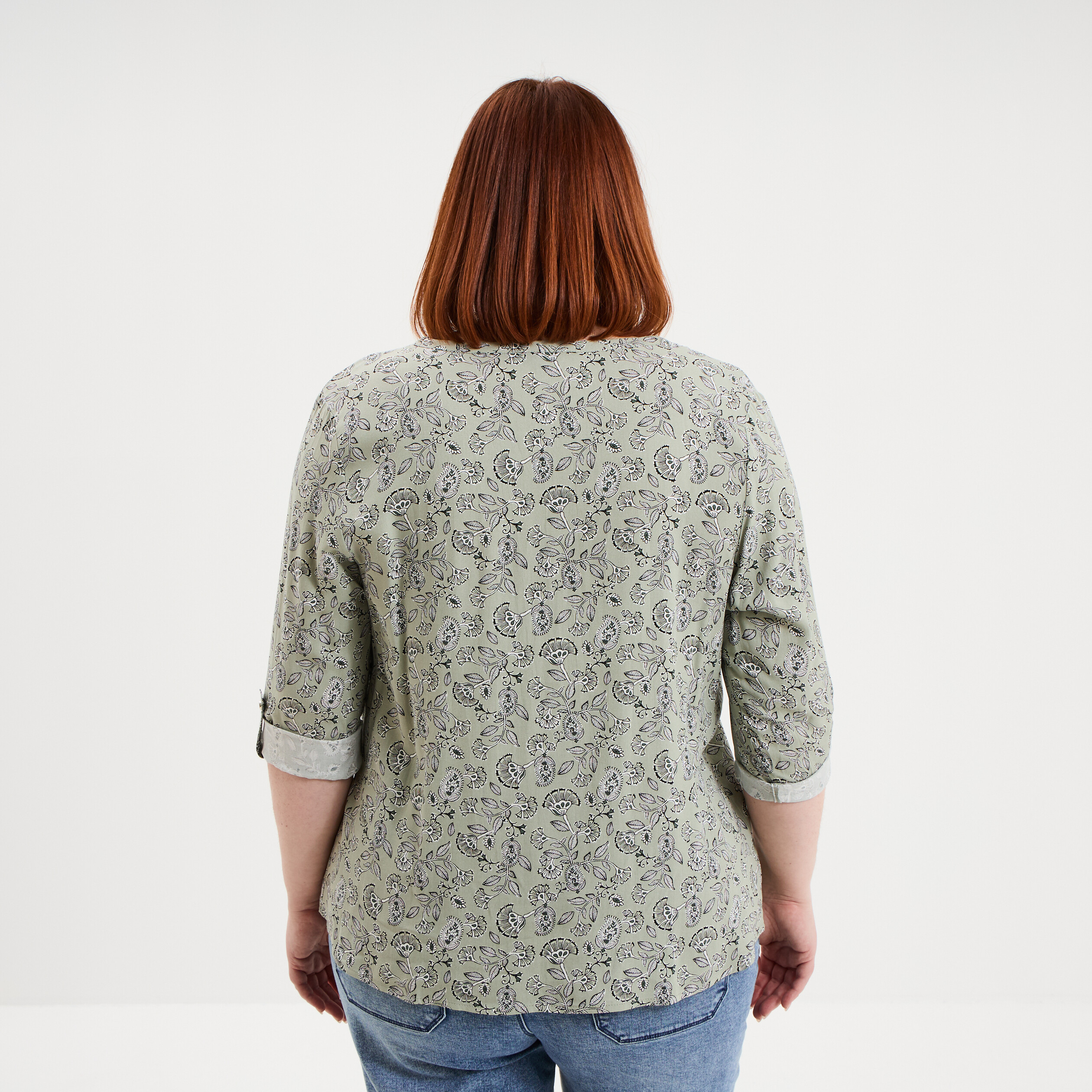 Blouse col tunisien manches 3/4 fluide vert kaki femme grande taille