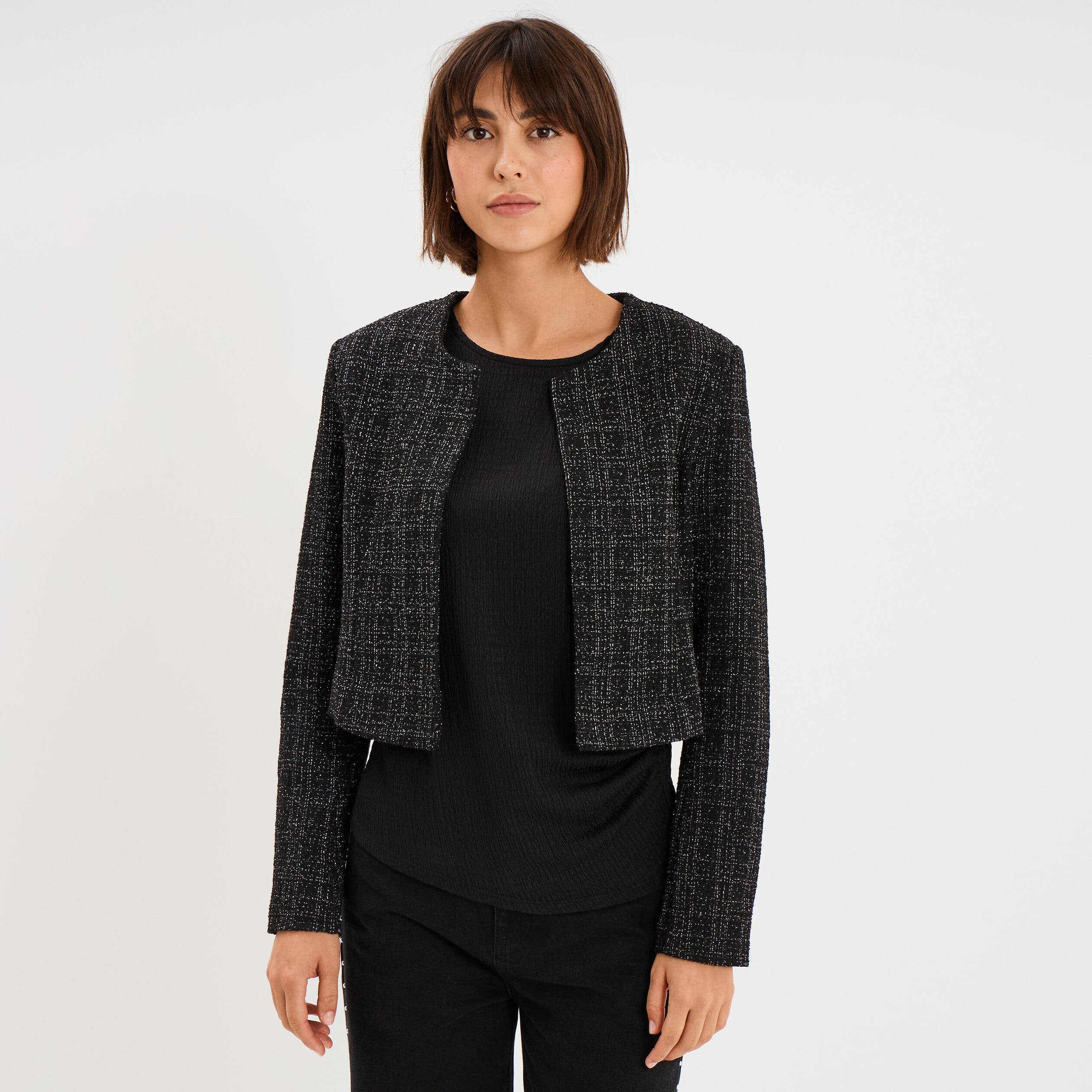 Veste bol&eacute;ro tweed manches longues noir femme