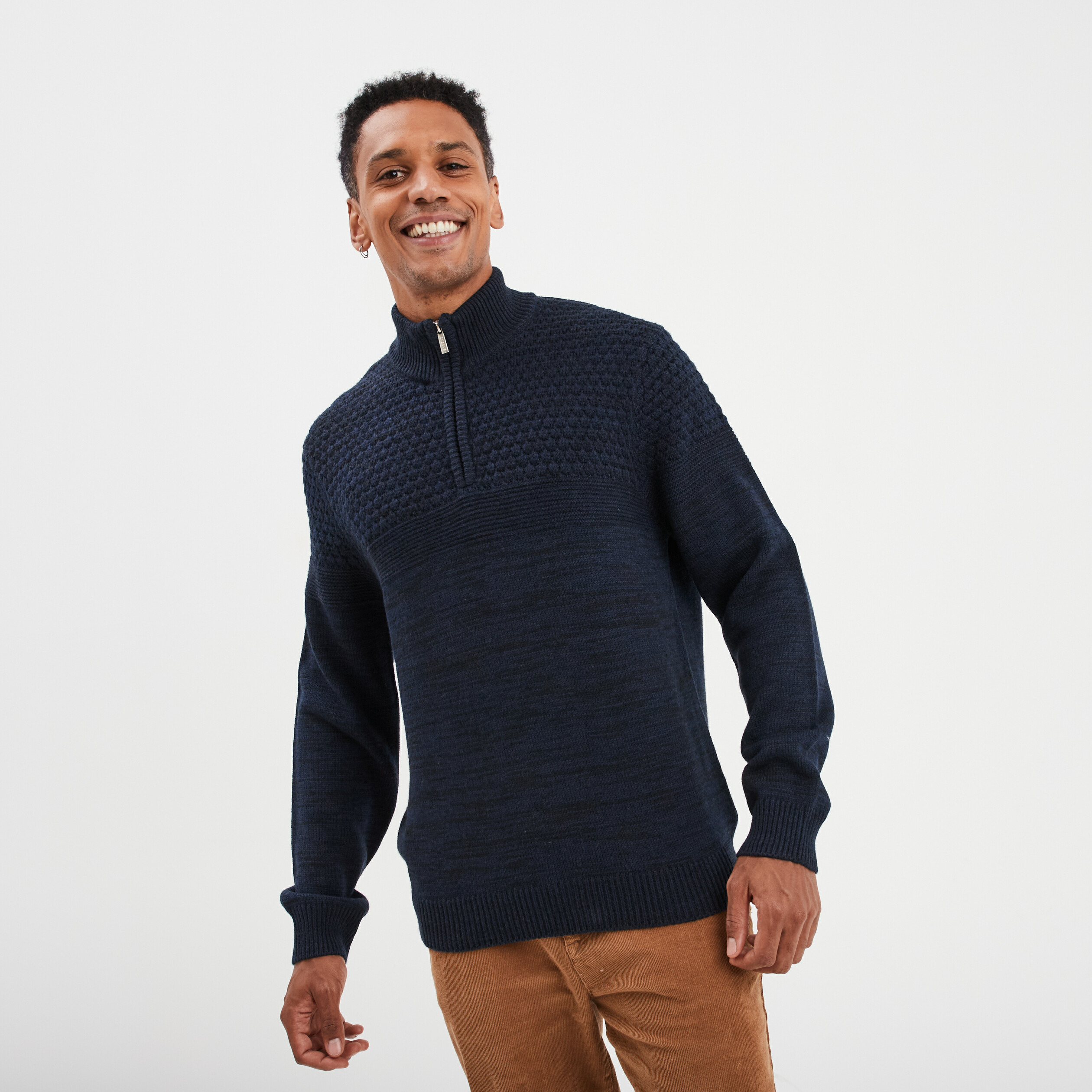 Pull col camionneur zipp&eacute; bleu fonc&eacute; homme