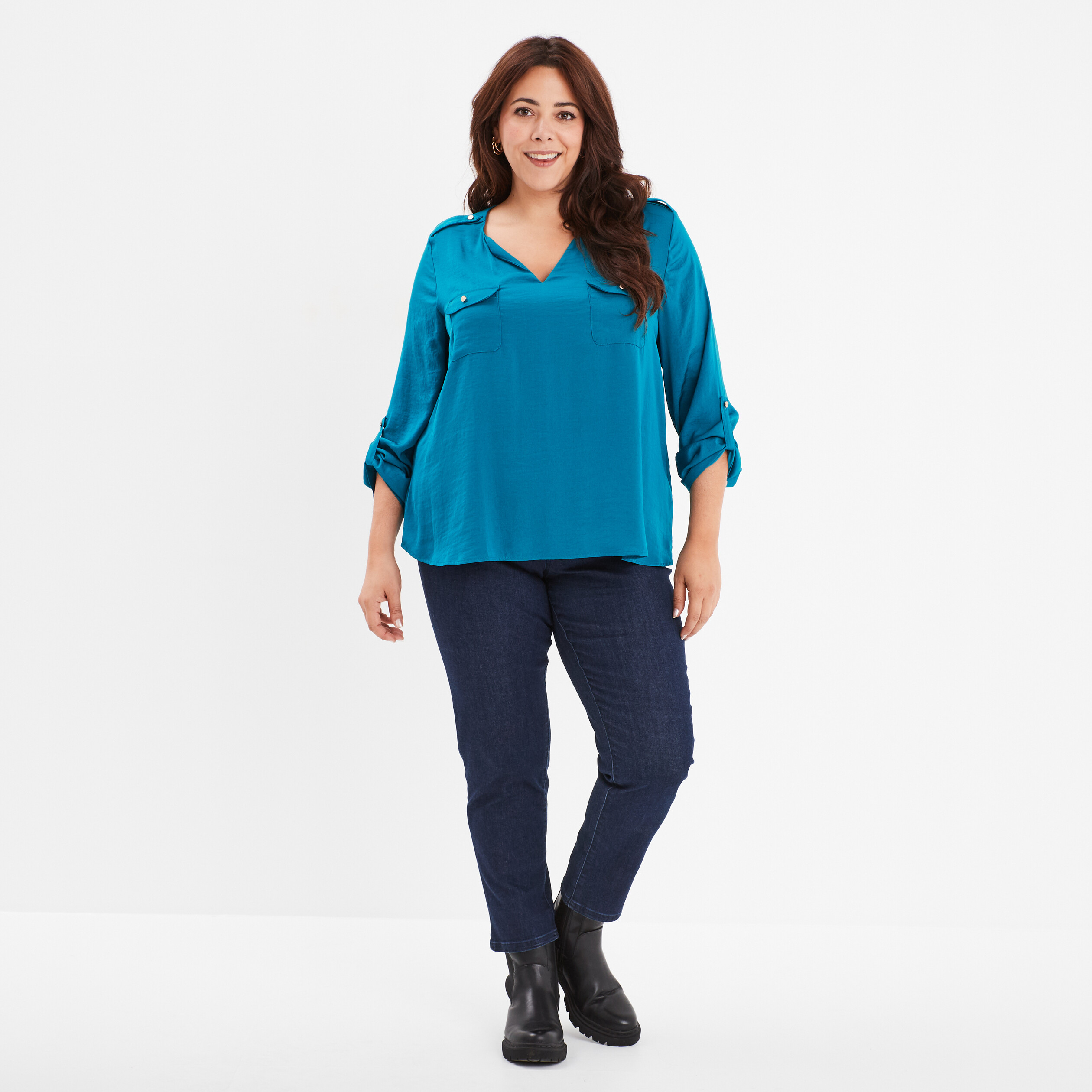 blouse effet satin col tunisien bleu canard femmegt Blouse effet satin col tunisien bleu canard femme grande taille