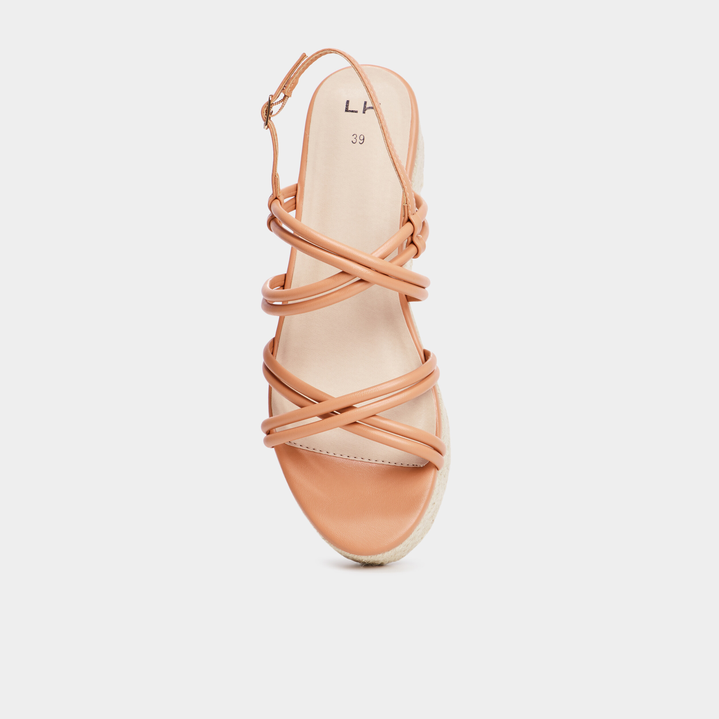 Sandales compens&eacute;es brides crois&eacute;es orange clair femme