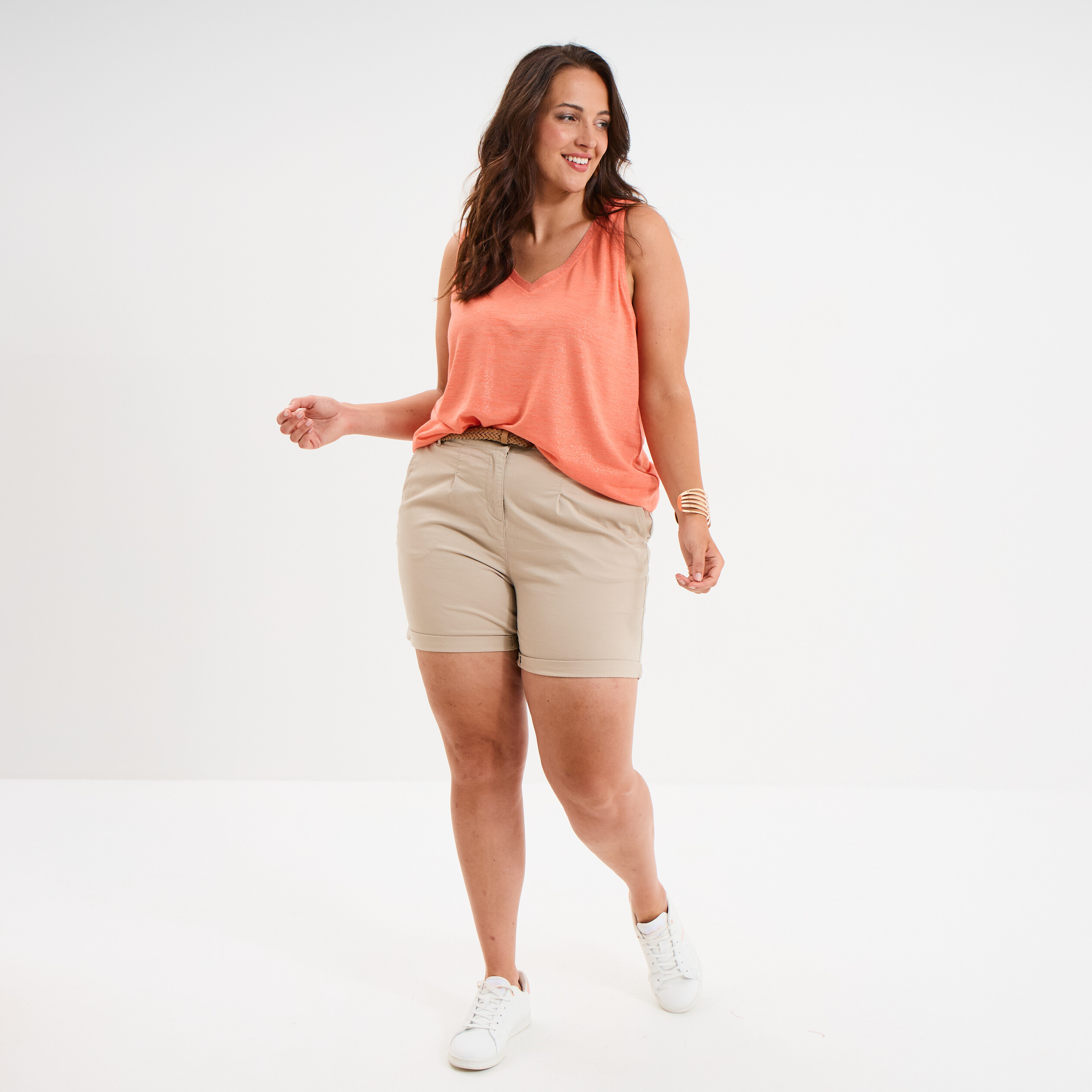 debardeur droit col en v sans manches rose corail femmegt Débardeur droit col en V sans manches rose corail femme grande taille
