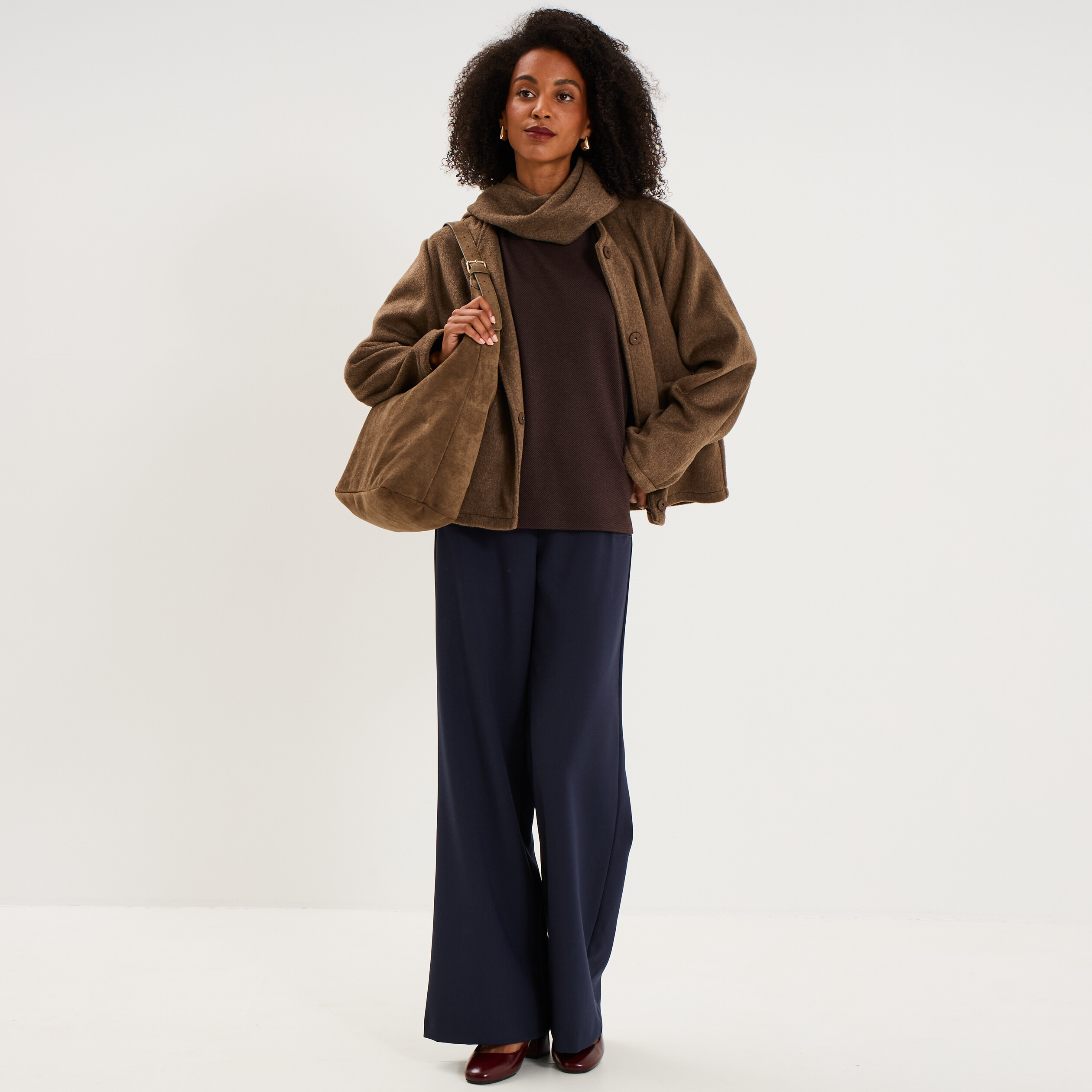 Top oversize col montant manches 3/4 marron fonc&eacute; femme