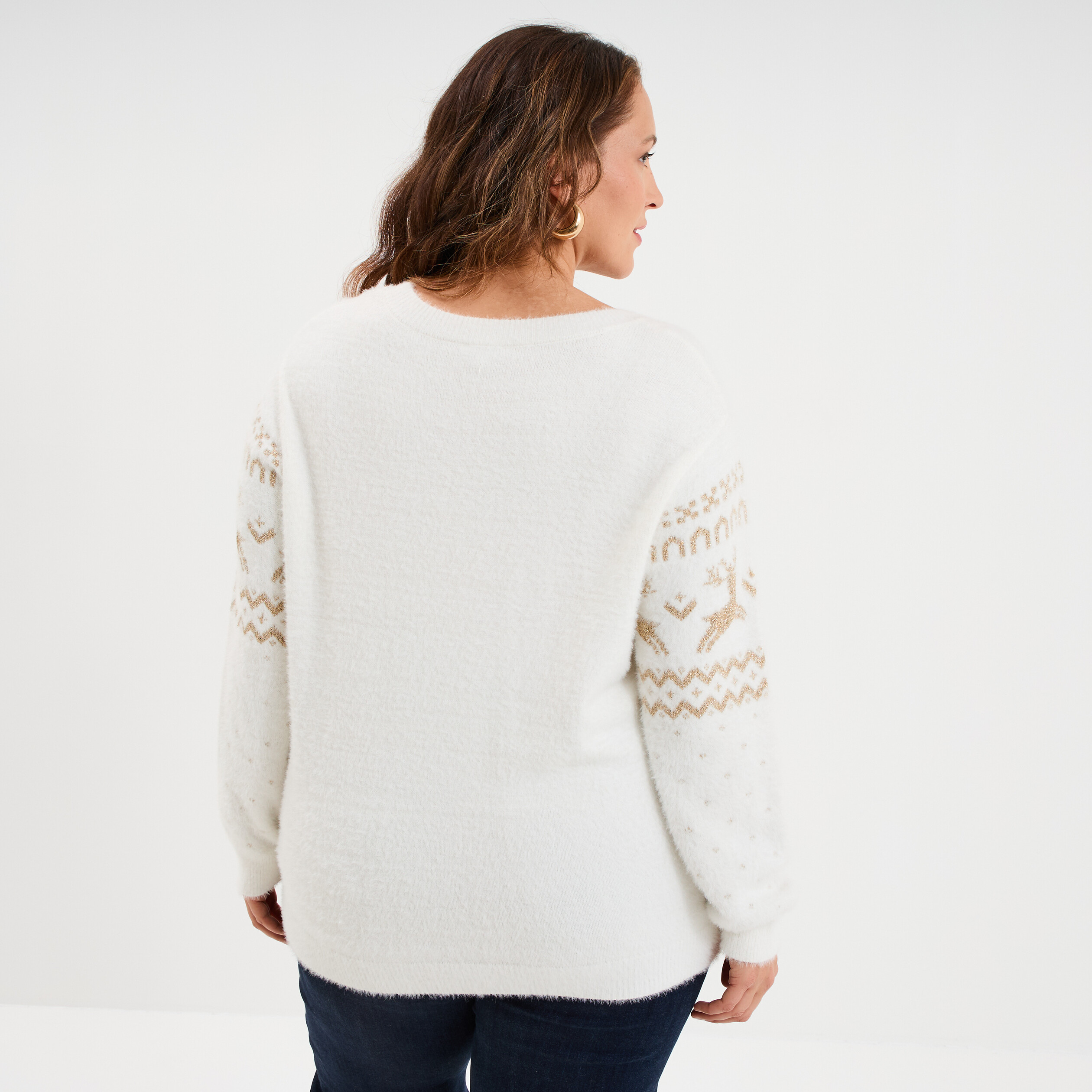 Pull de No&euml;l manches longues ivoire femme grande taille