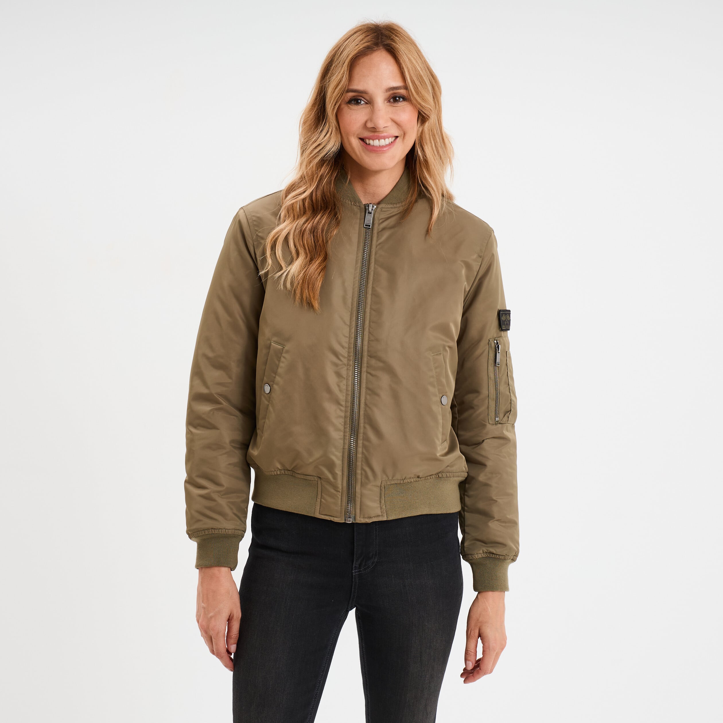 Blouson d&eacute;perlant col teddy vert kaki femme