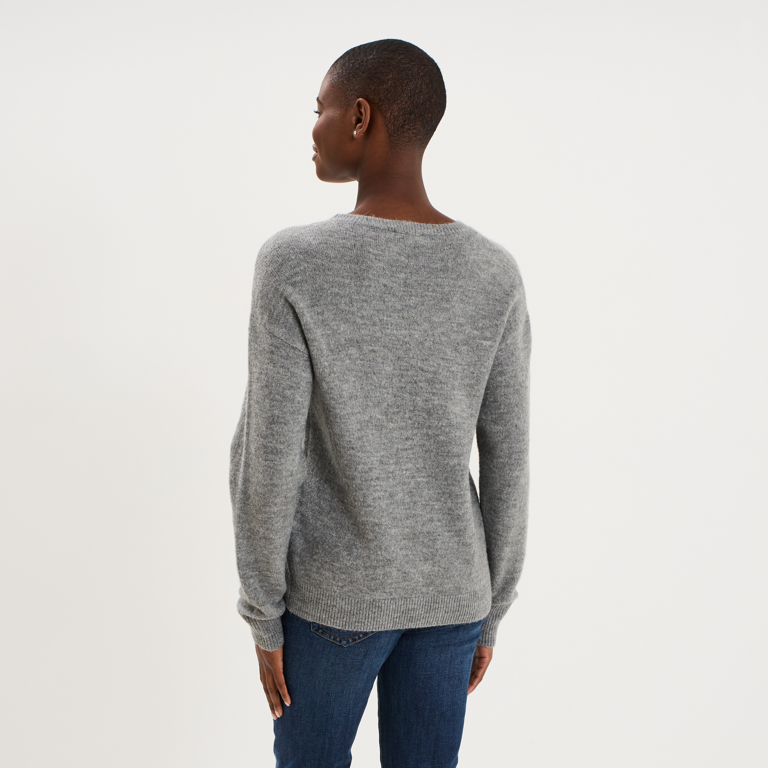 Pull col rond manches longues gris clair femme