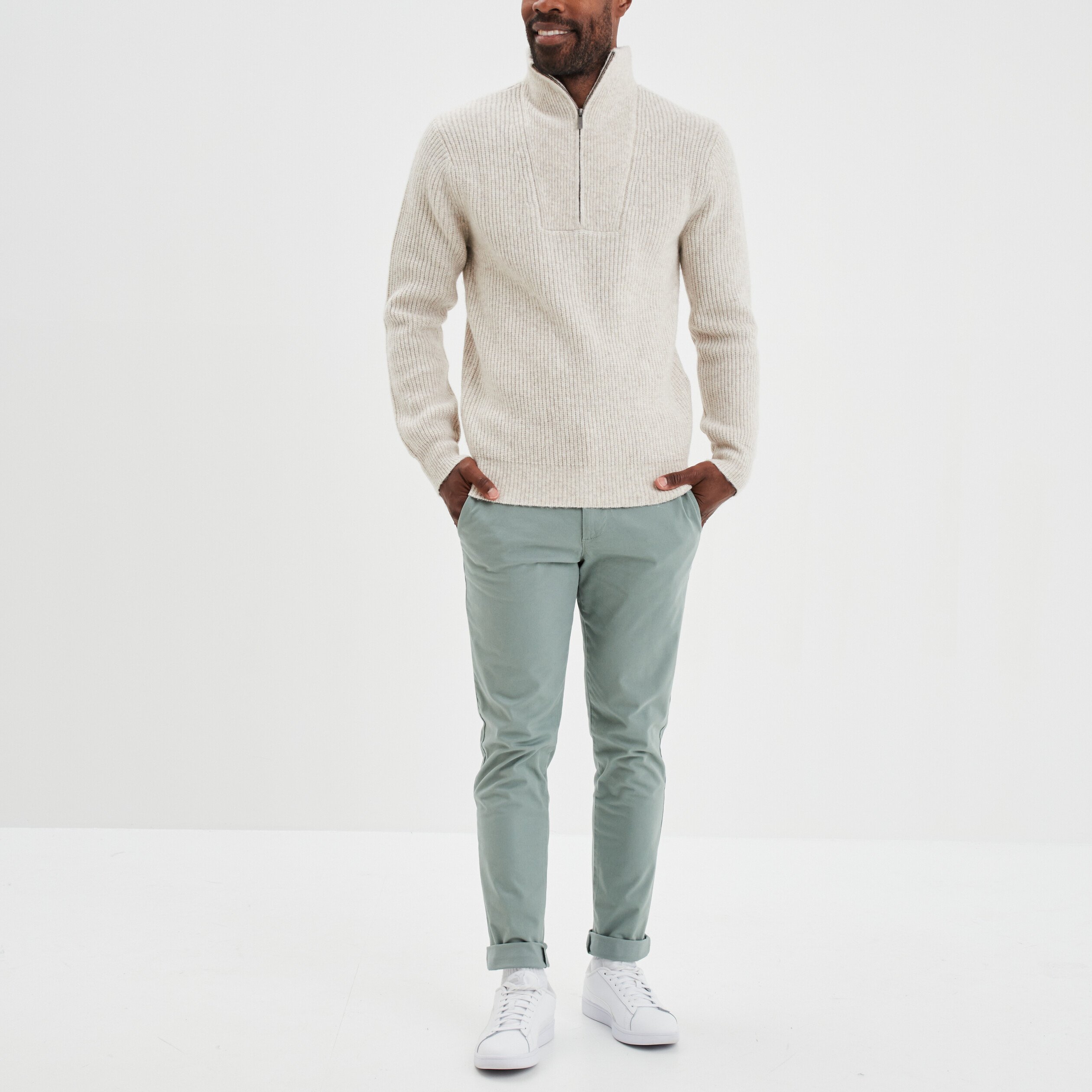 pull avec col camionneur cotele beige homme Pull avec col camionneur côtelé beige homme