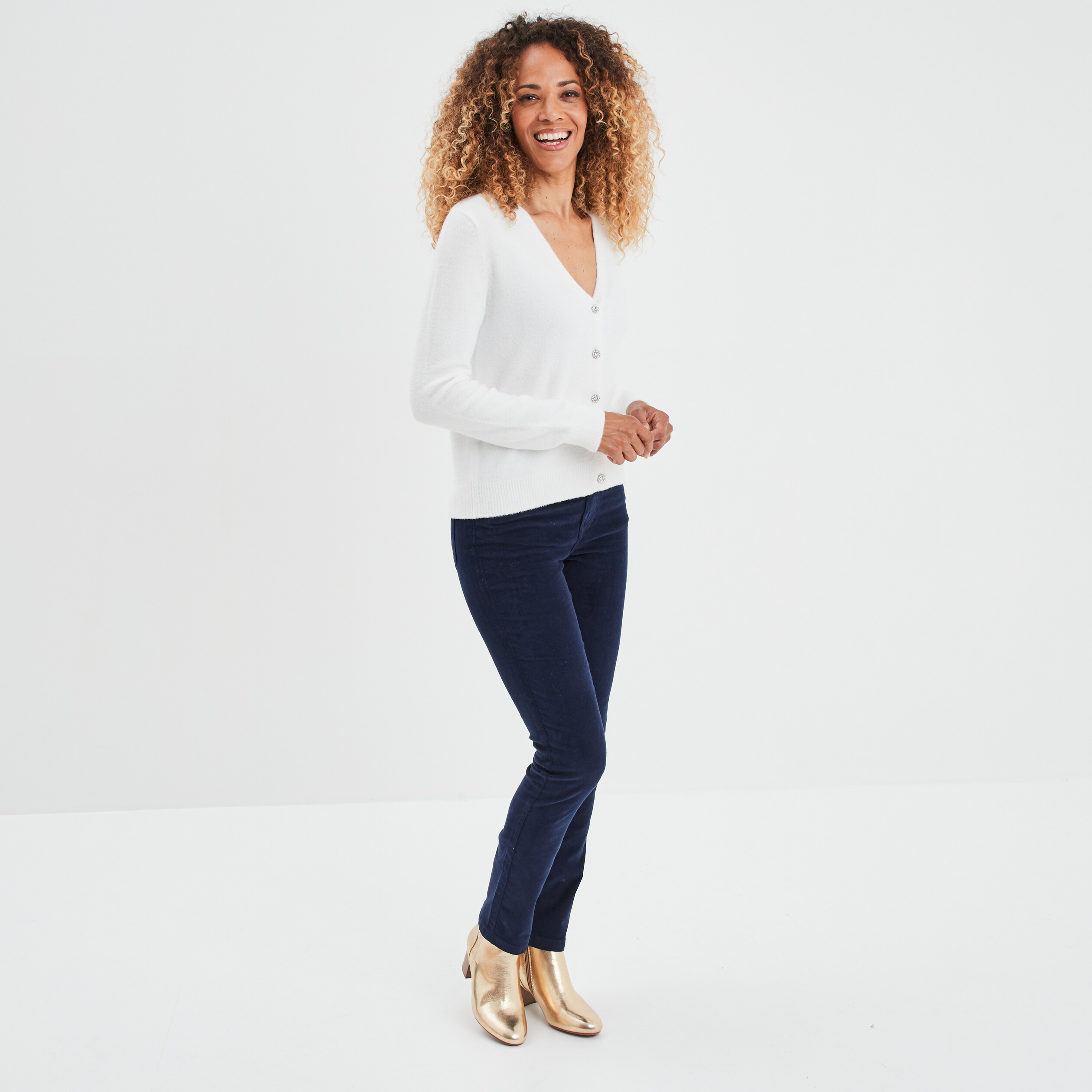 Gilet col en V boutons bijoux blanc femme