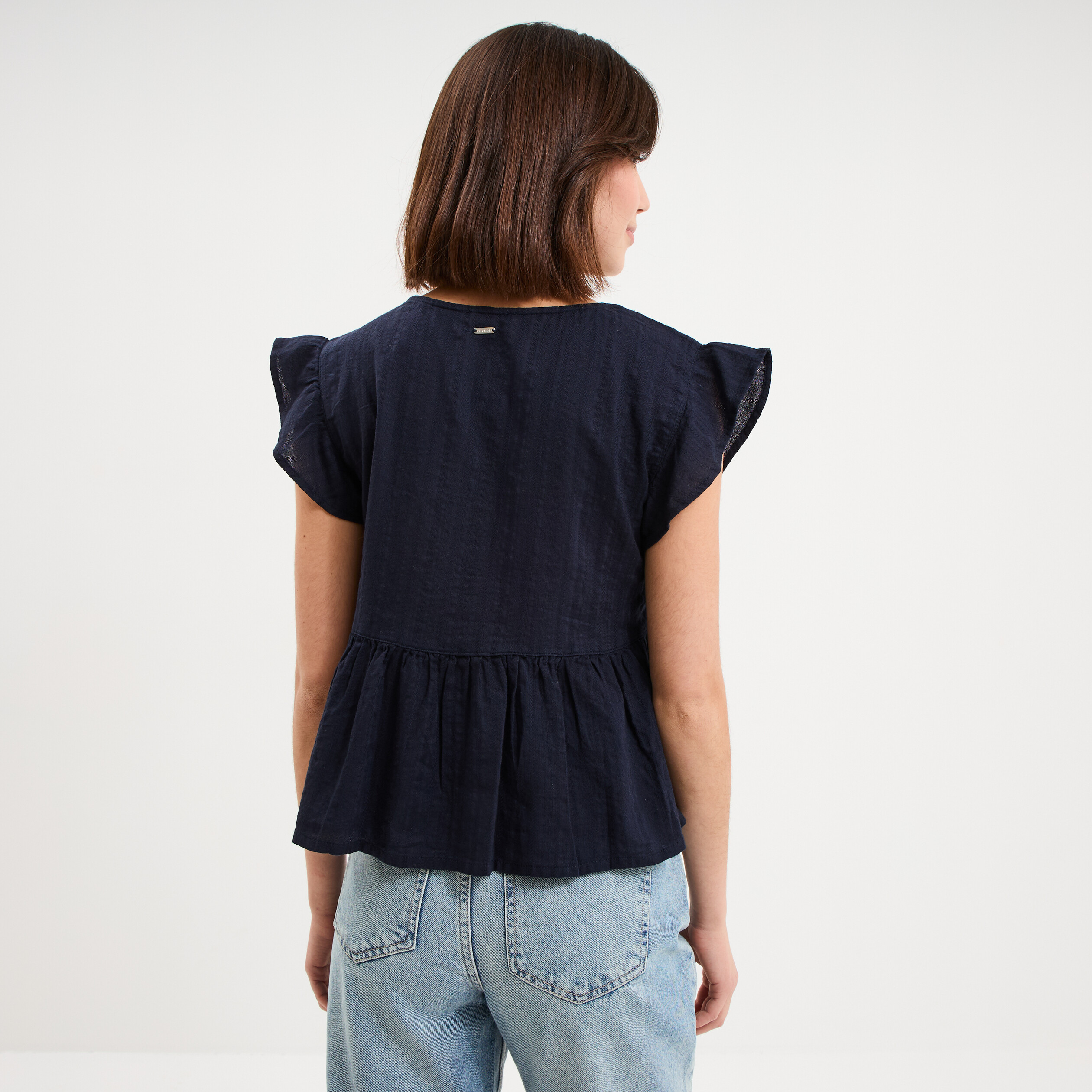 Blouse manches volants col en V coton bleu fonc&eacute; femme