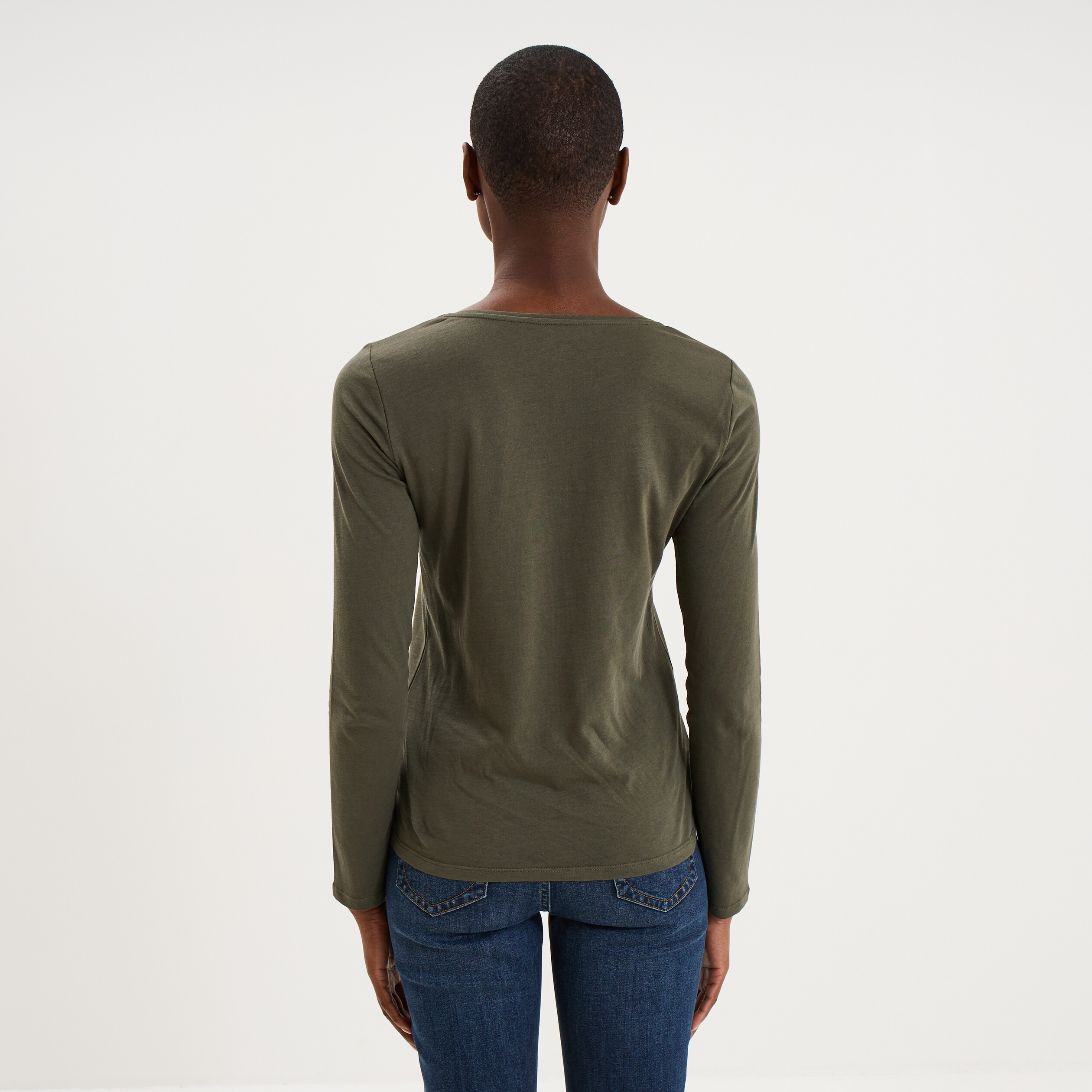 T-shirt coton col rond manches longues vert kaki femme