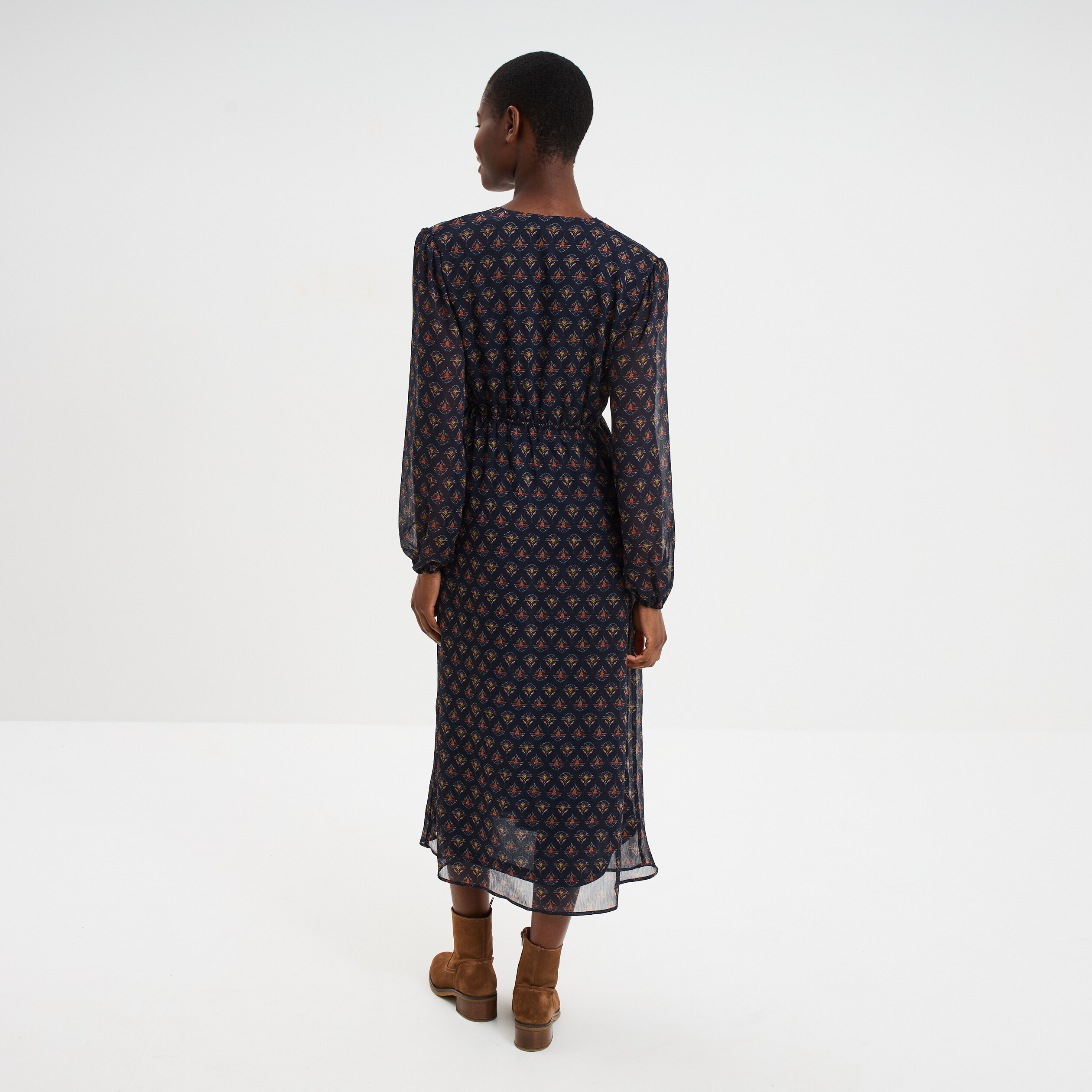 Robe longue empire manches longues bleu marine femme