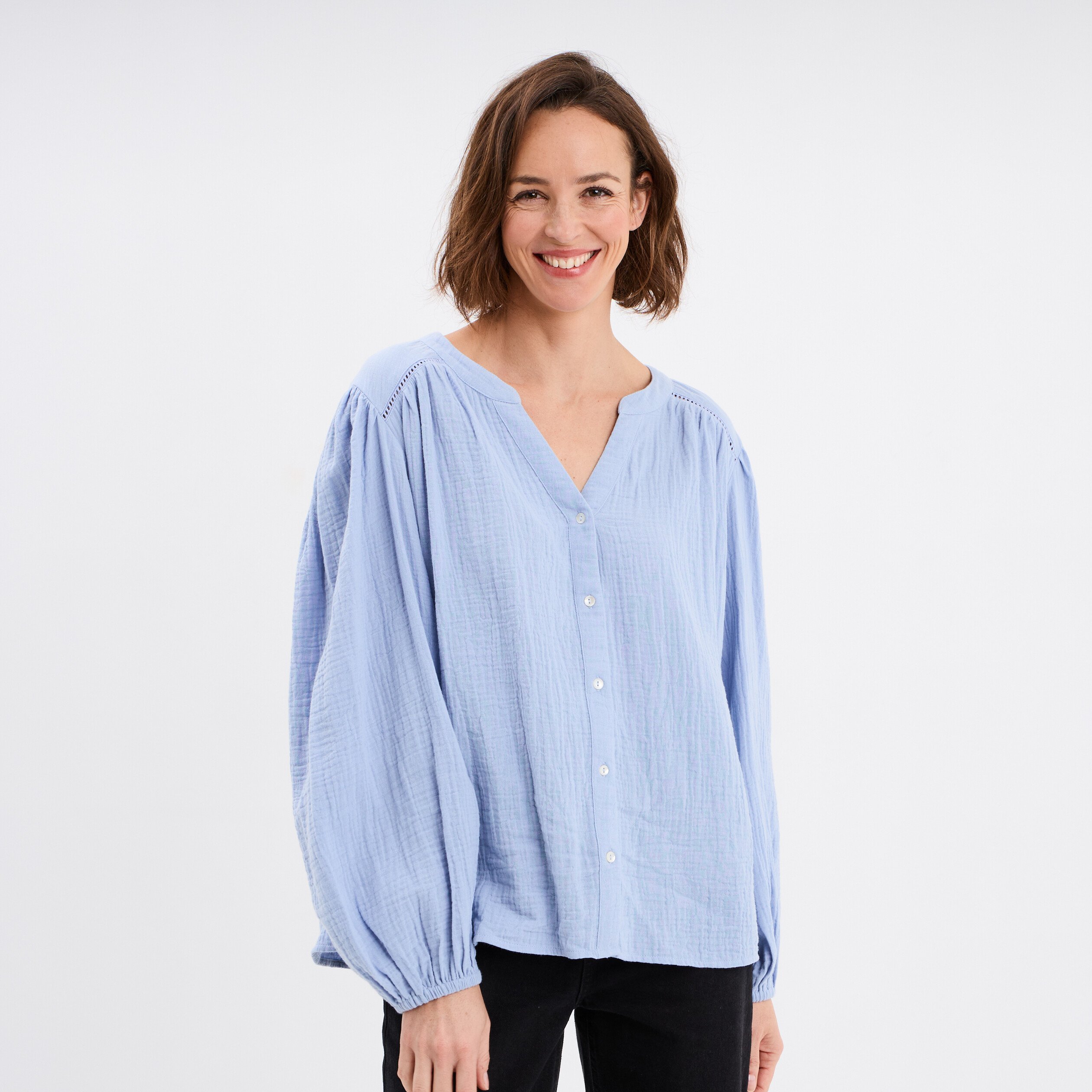 blouse col tunisien gaze de coton creeks bleu lavande femme Blouse col tunisien gaze de coton Creeks bleu lavande femme