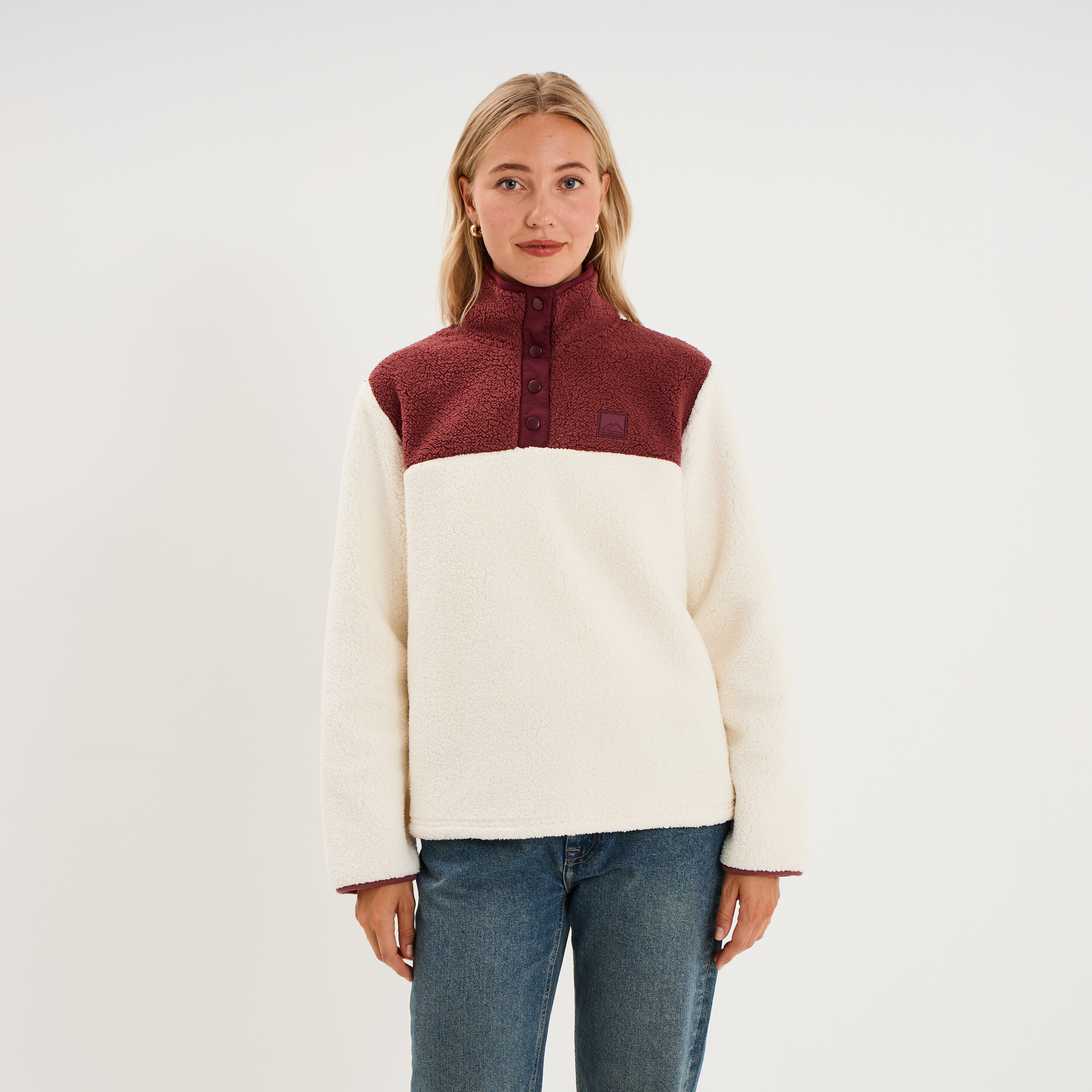 Sweat polaire col camionneur boutonn&eacute; blanc femme