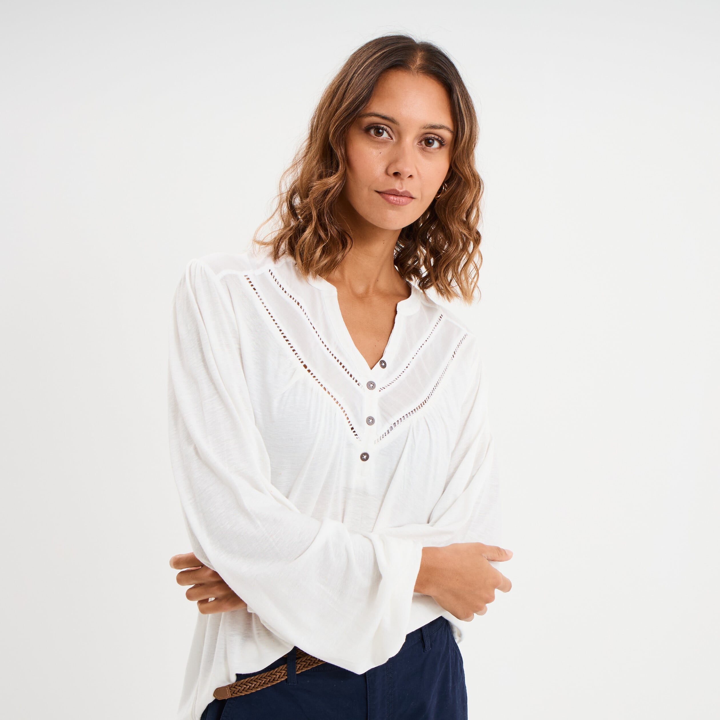 Blouse col tunisien m&eacute;lange lin blanc femme