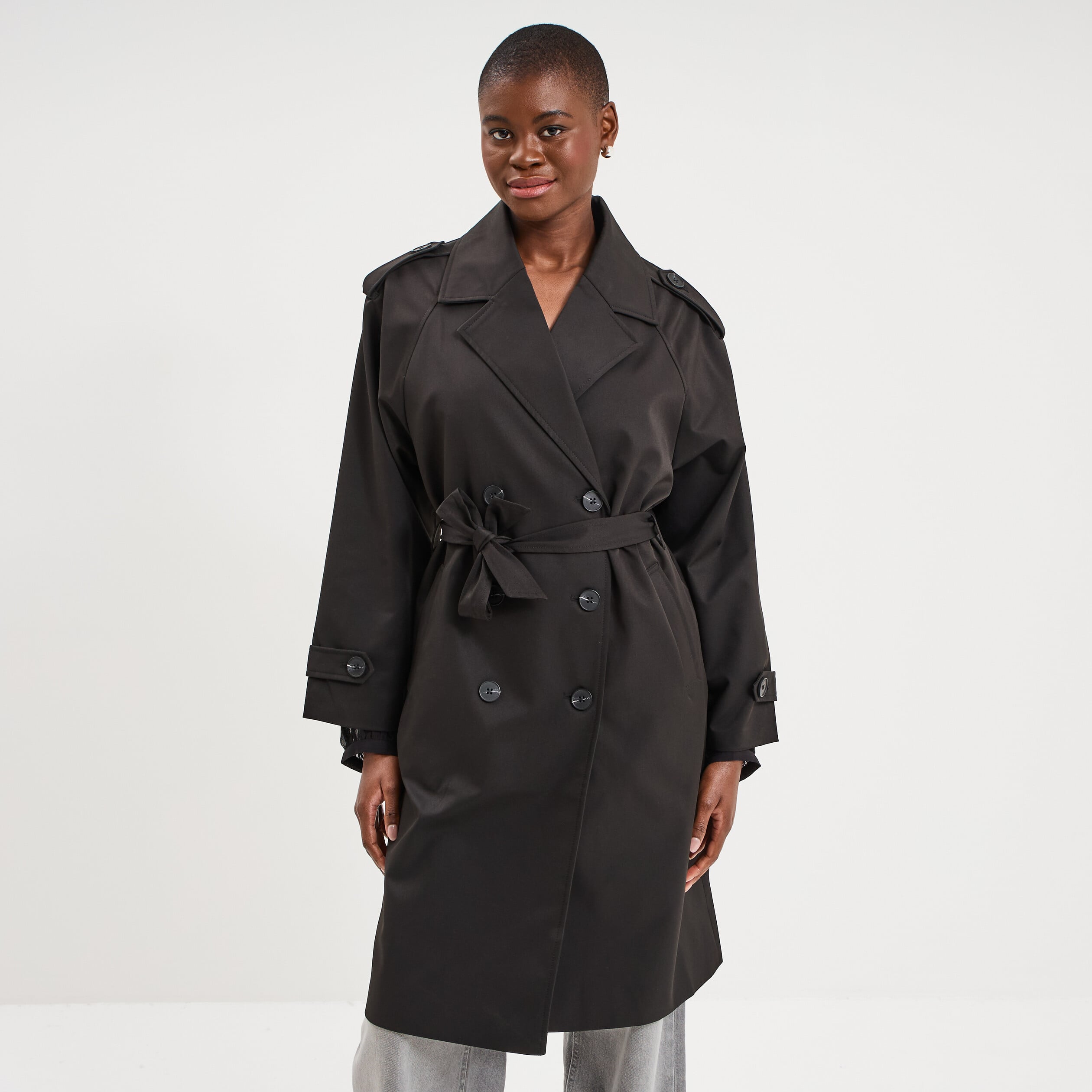 Trench long ceintur&eacute; noir femme