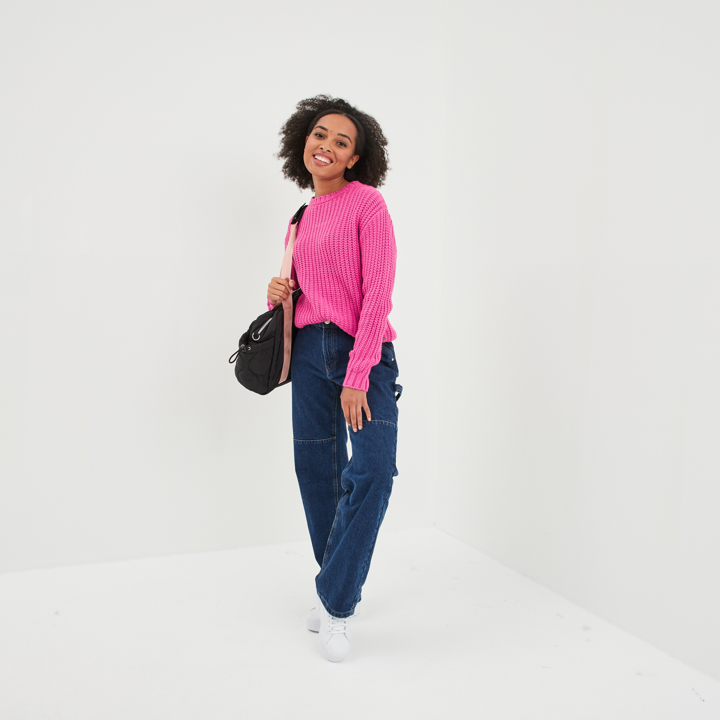 Pull côtelé col rond manches longues rose fushia femme
