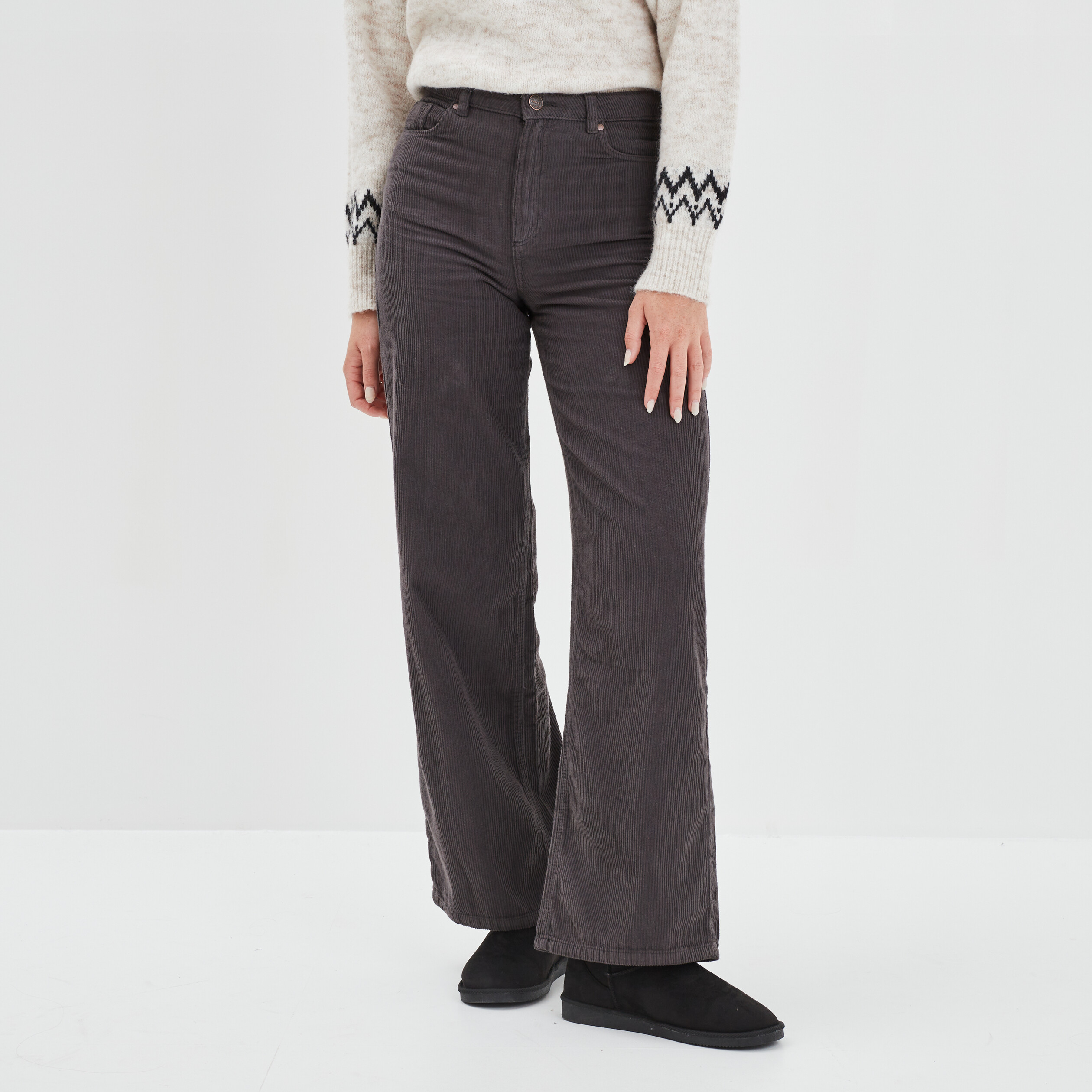 Pantalon velours taille haute large gris foncé femme