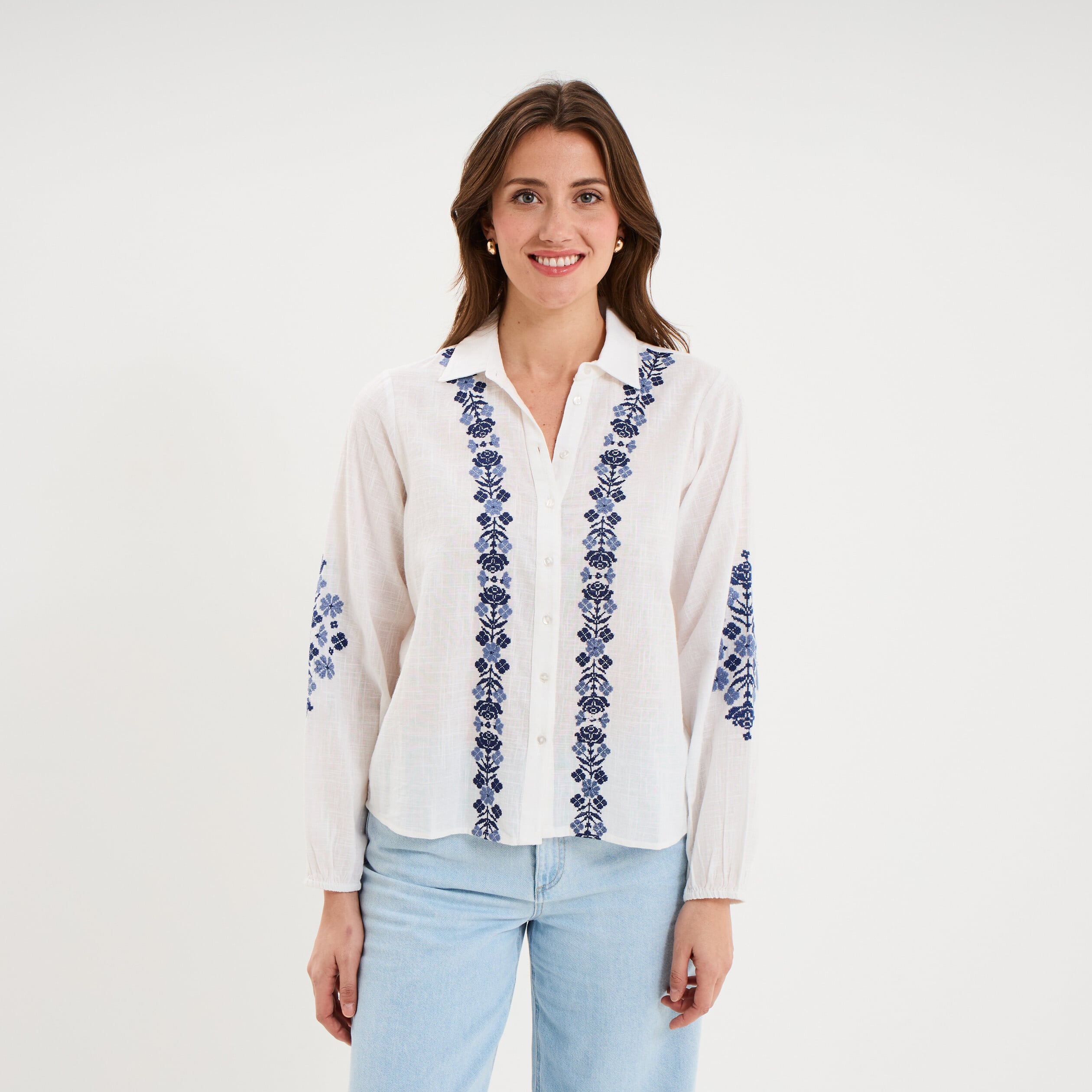 Blouse brod&eacute;e manches longues coton ecru femme
