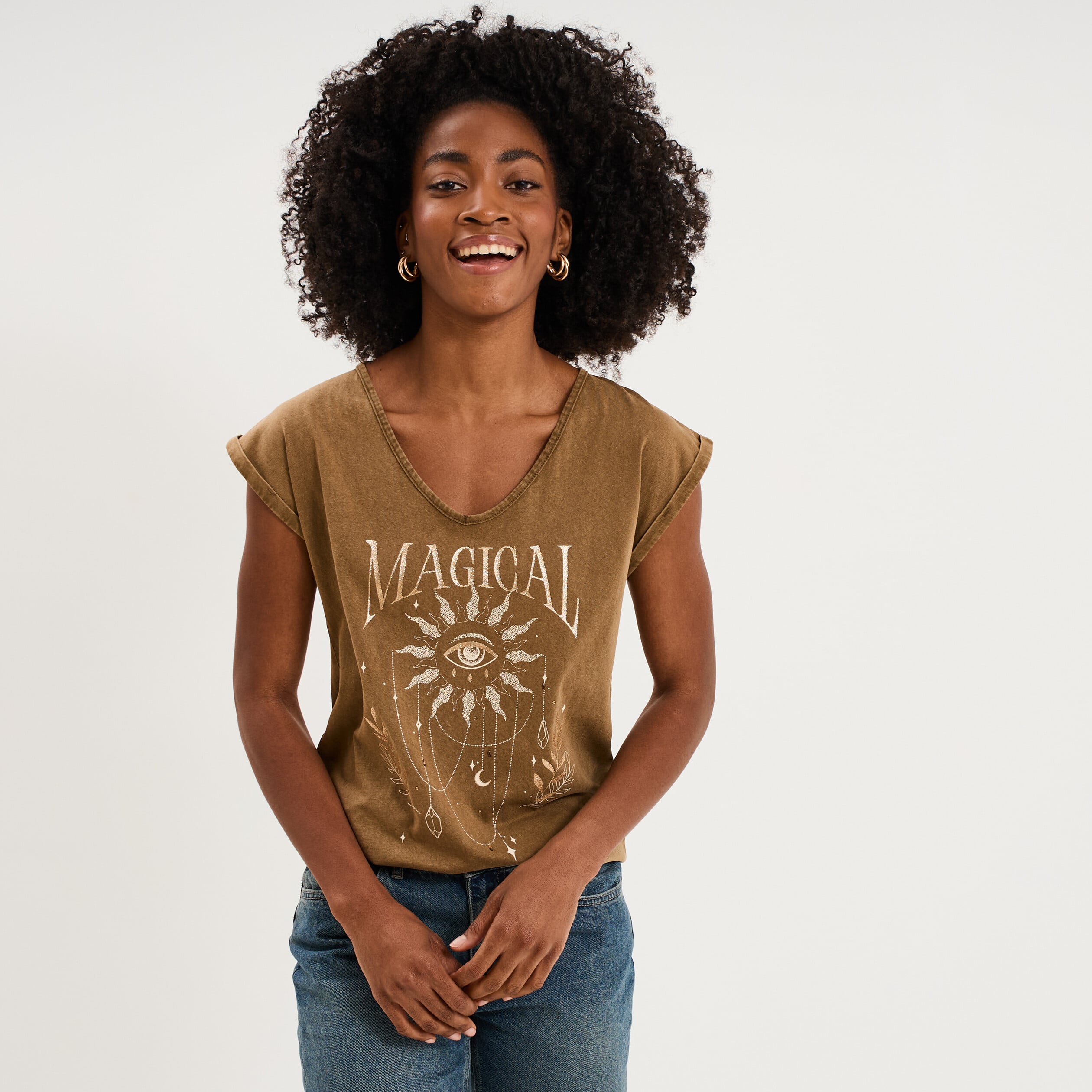 T-shirt coton col en V manches courtes beige femme