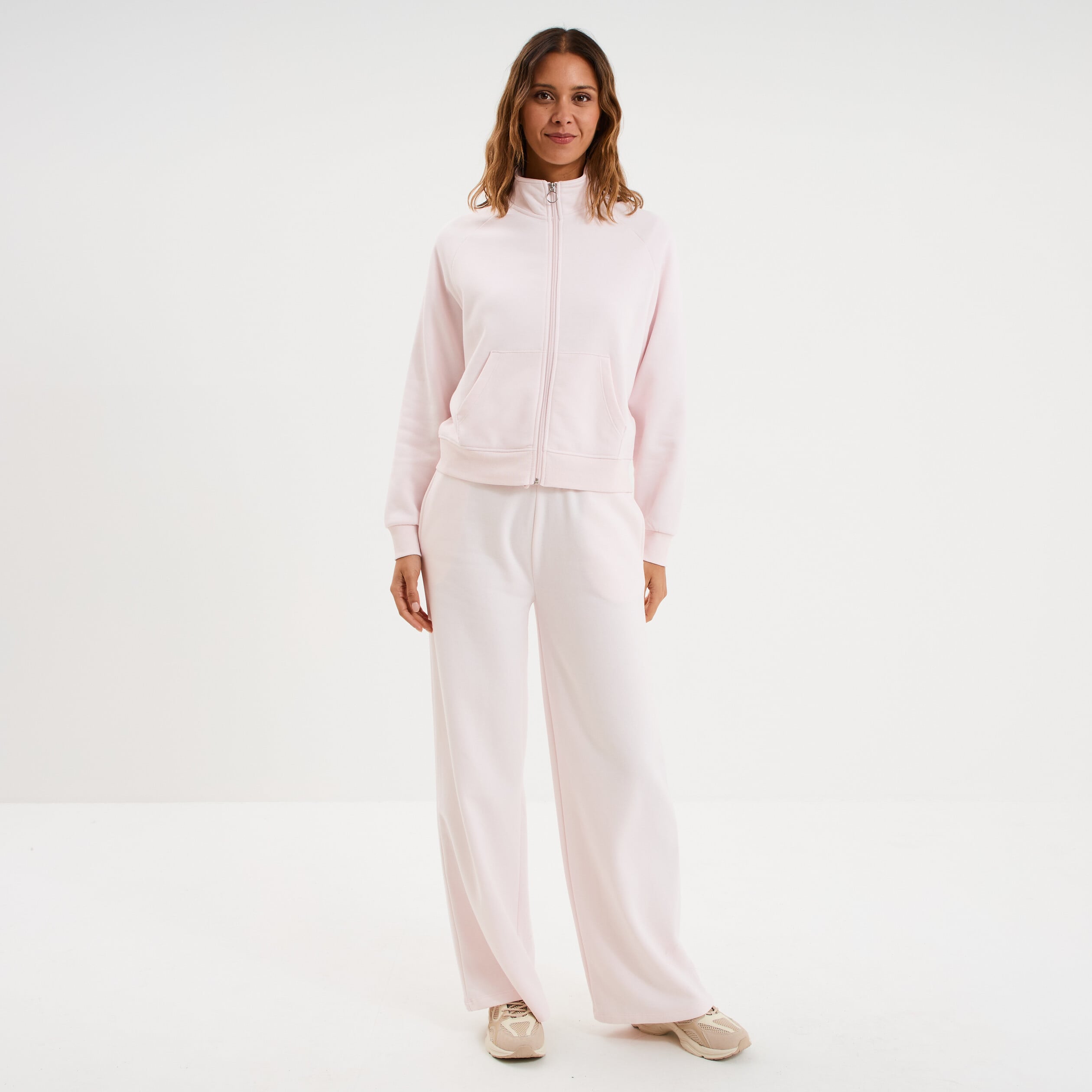 Sweat zipp&eacute; molleton col montant rose clair femme