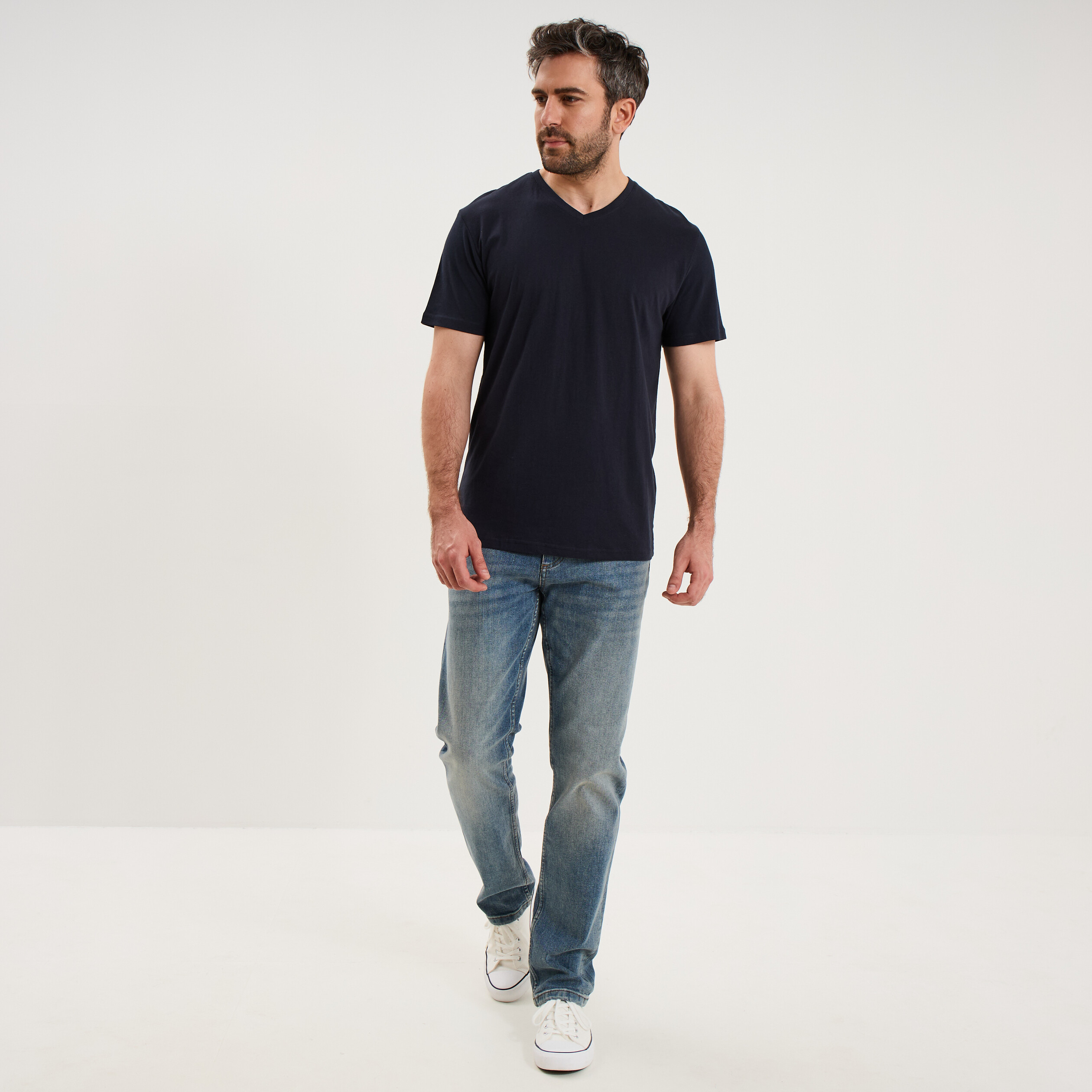 T-shirt manches courtes coton col V bleu marine homme