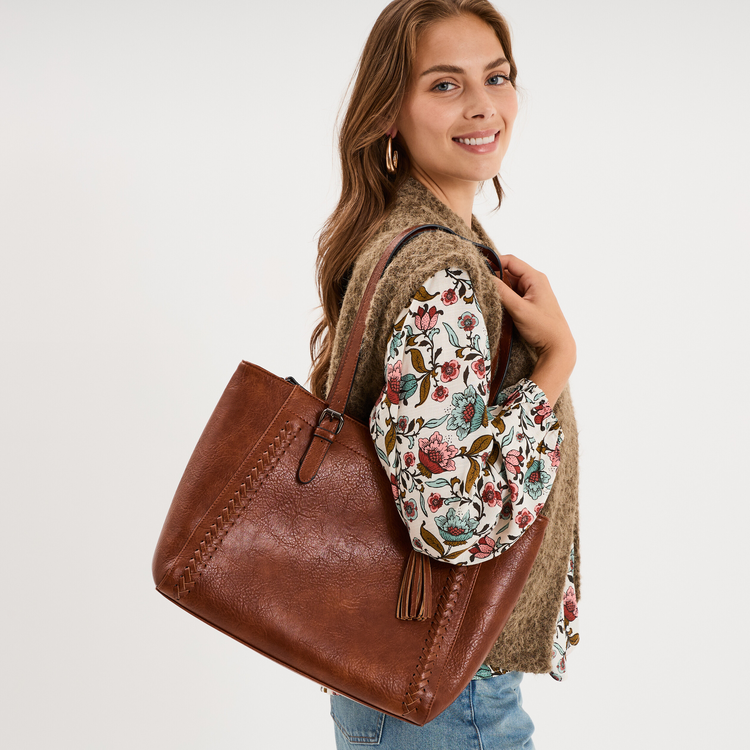 Sac cabas port&eacute;-&eacute;paule marron cognac femme
