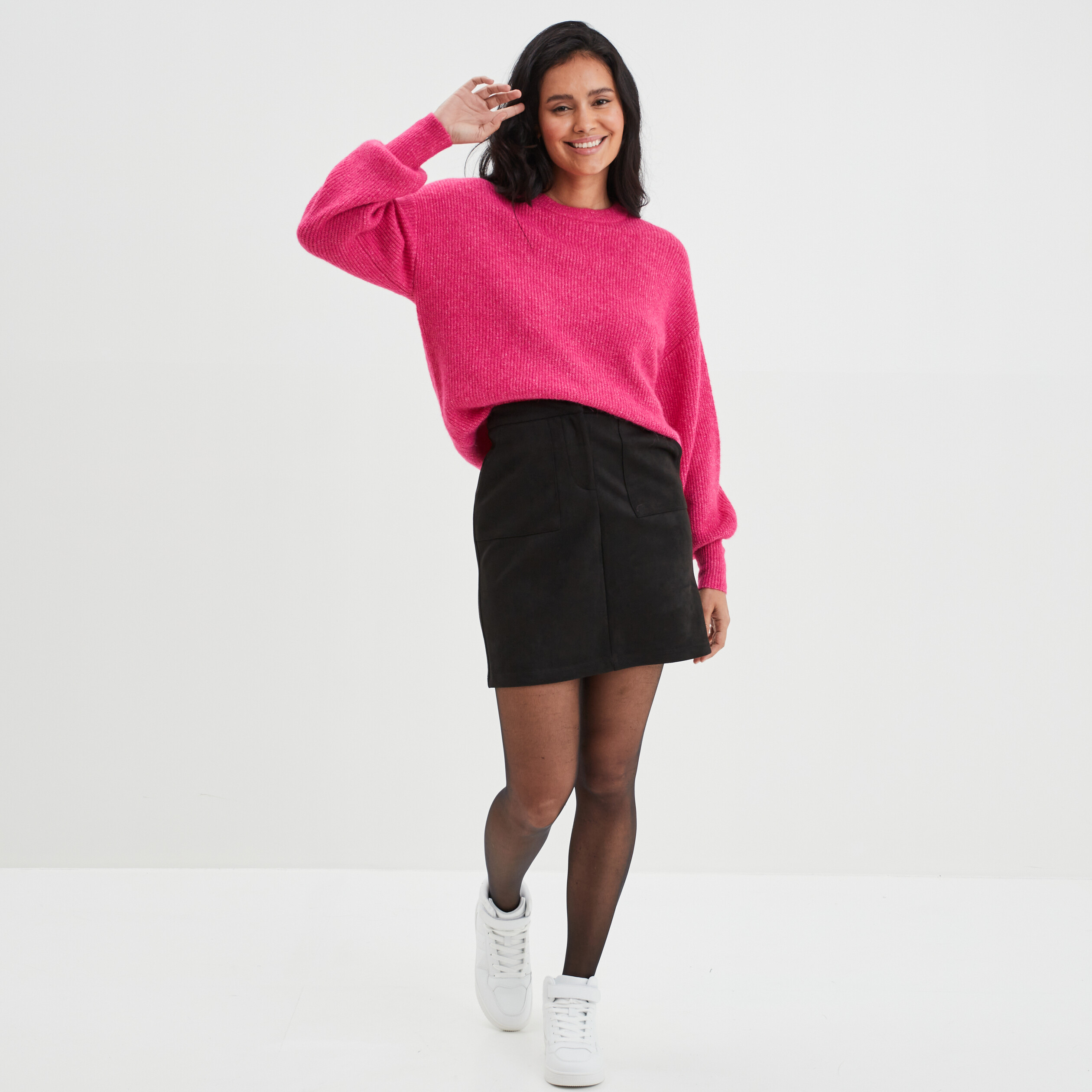 Pull col rond manches ballons rose fushia femme