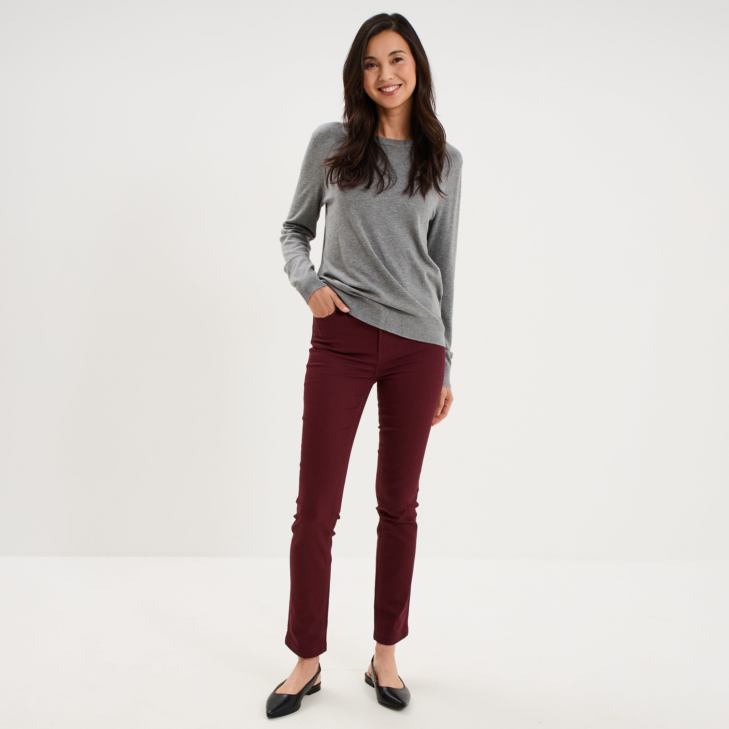 Pull col rond manches longues gris femme