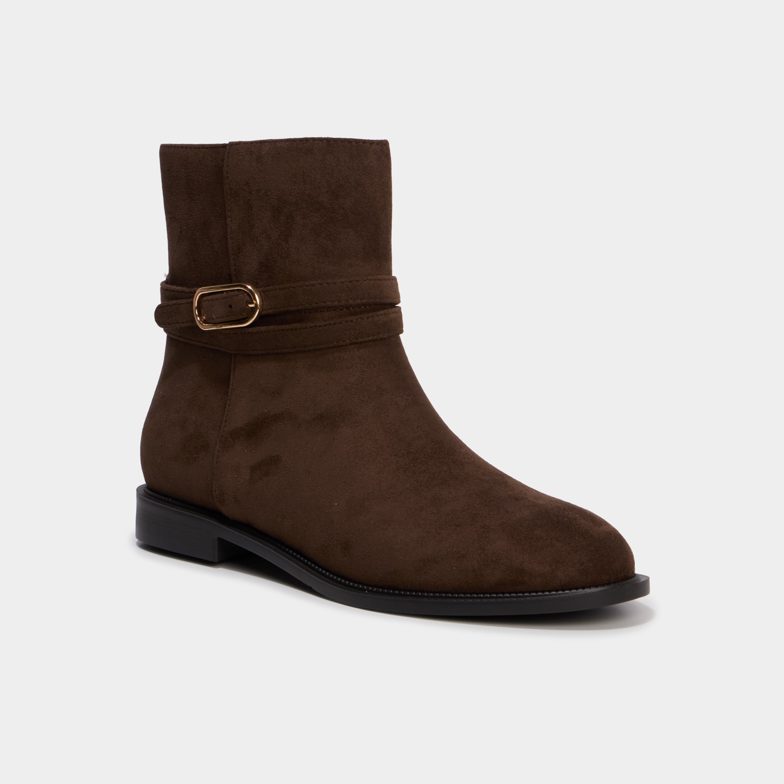 Bottines plates &agrave; boucle en su&eacute;dine taupe femme