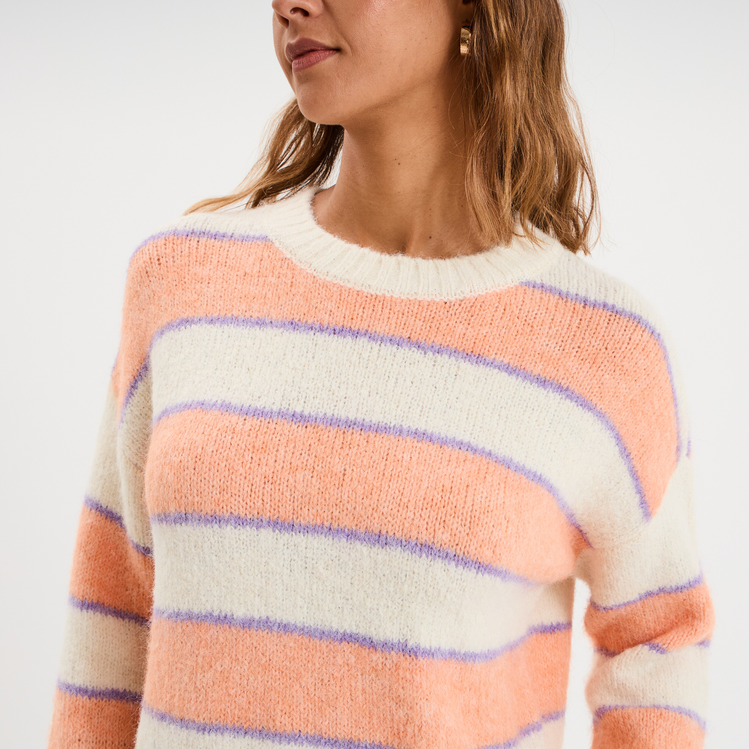 Pull col rond manches longues ecru femme