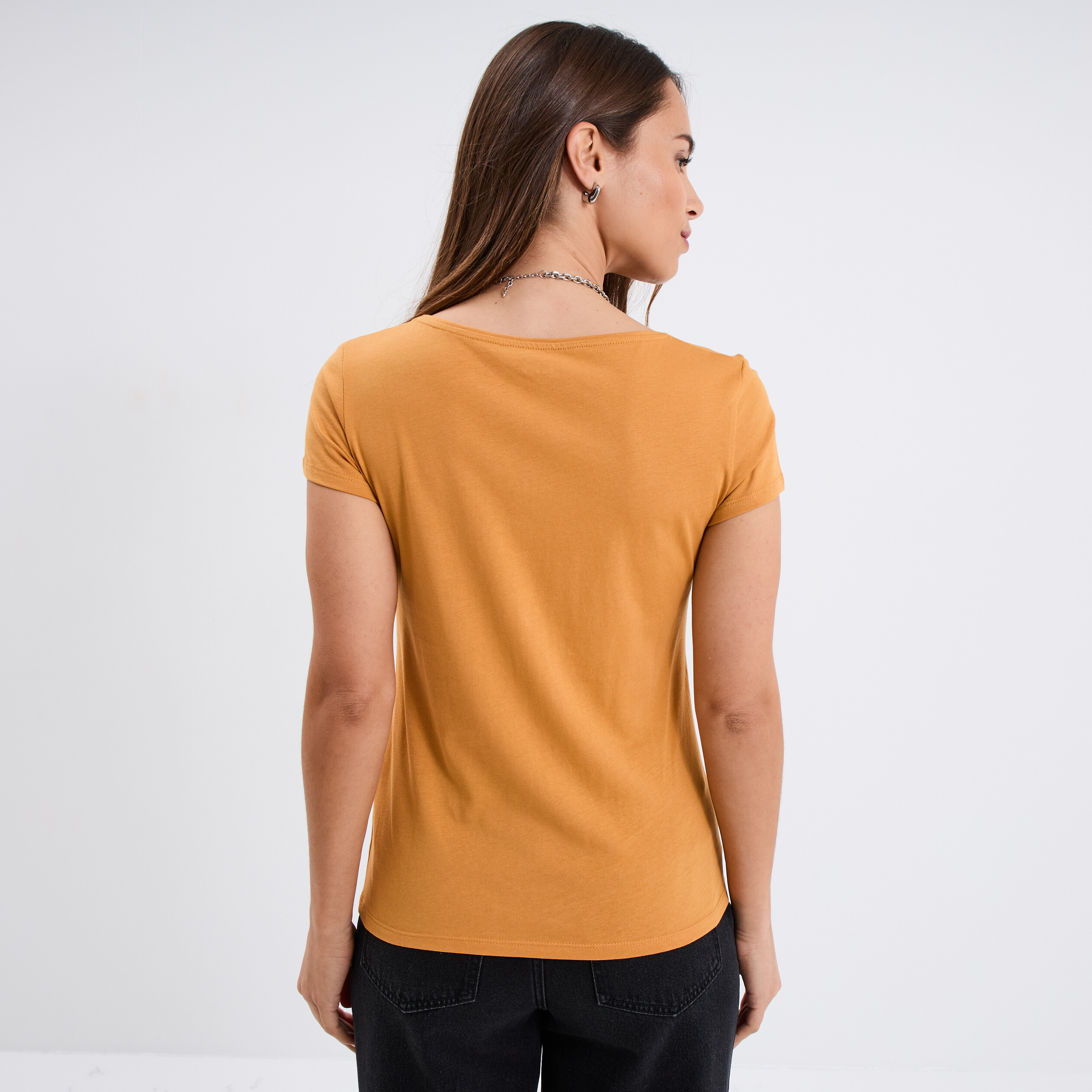 T-shirt coton col rond manches courtes jaune moutarde femme
