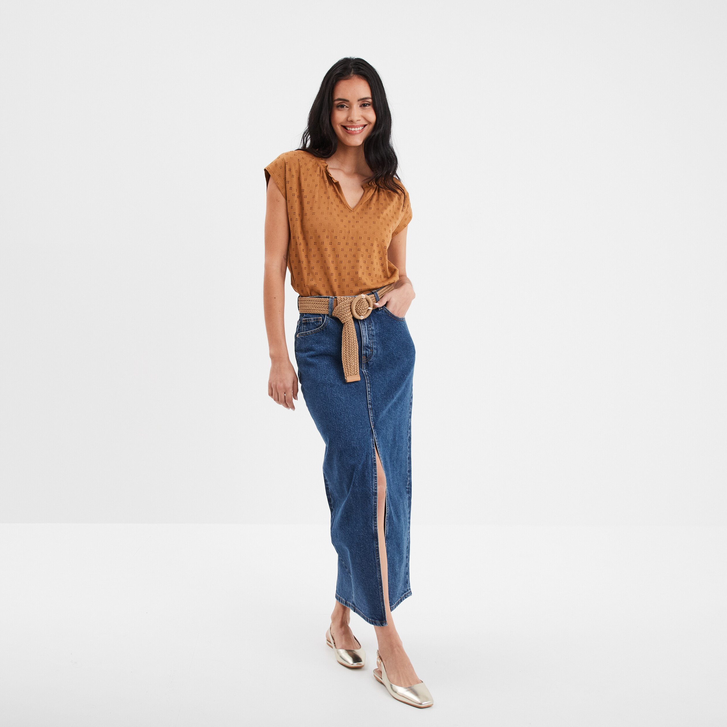 t shirt ajoure col tunisien creeks camel femme T-shirt ajouré col tunisien Creeks camel femme
