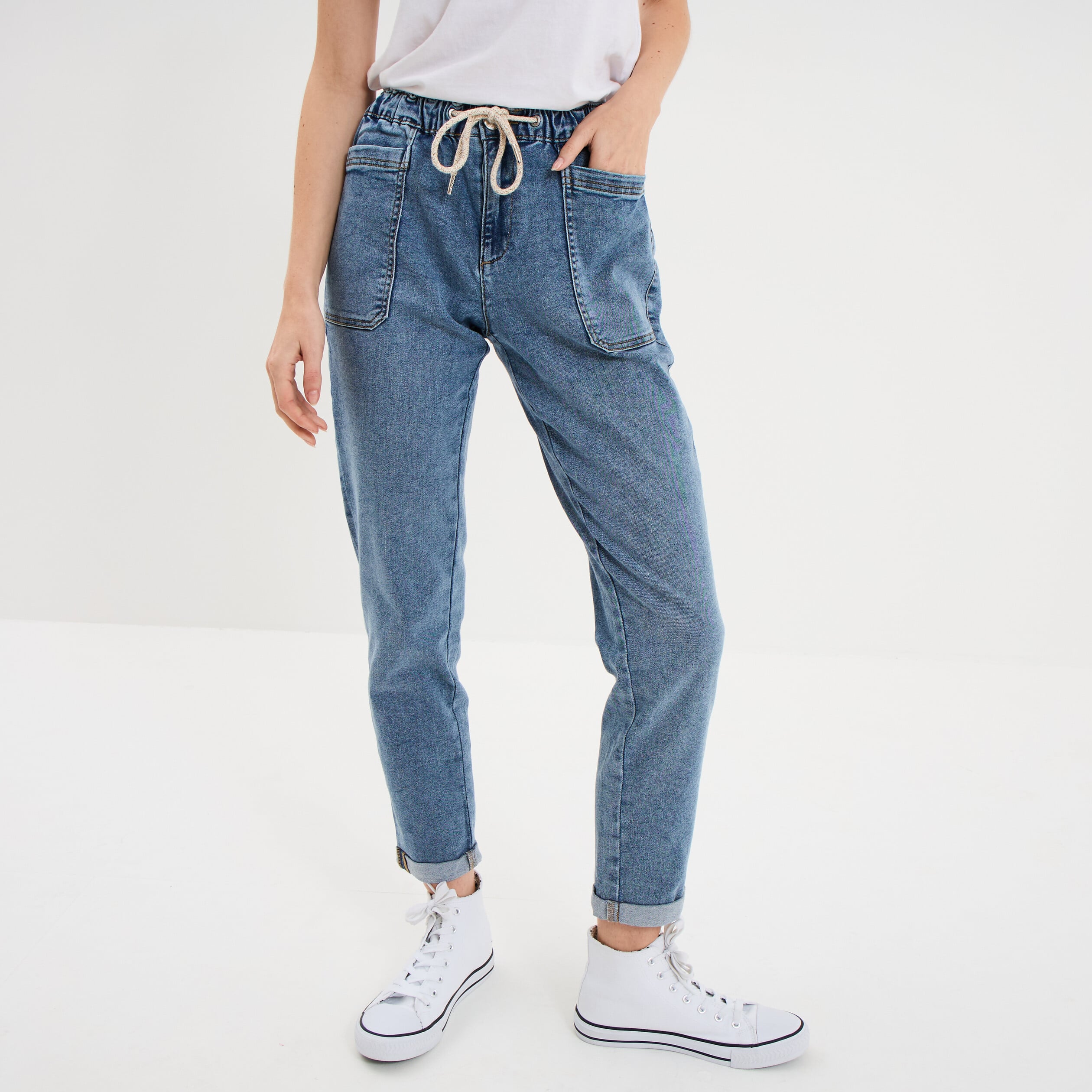 Jeans droit cropped taille &eacute;lastiqu&eacute;e denim stone femme