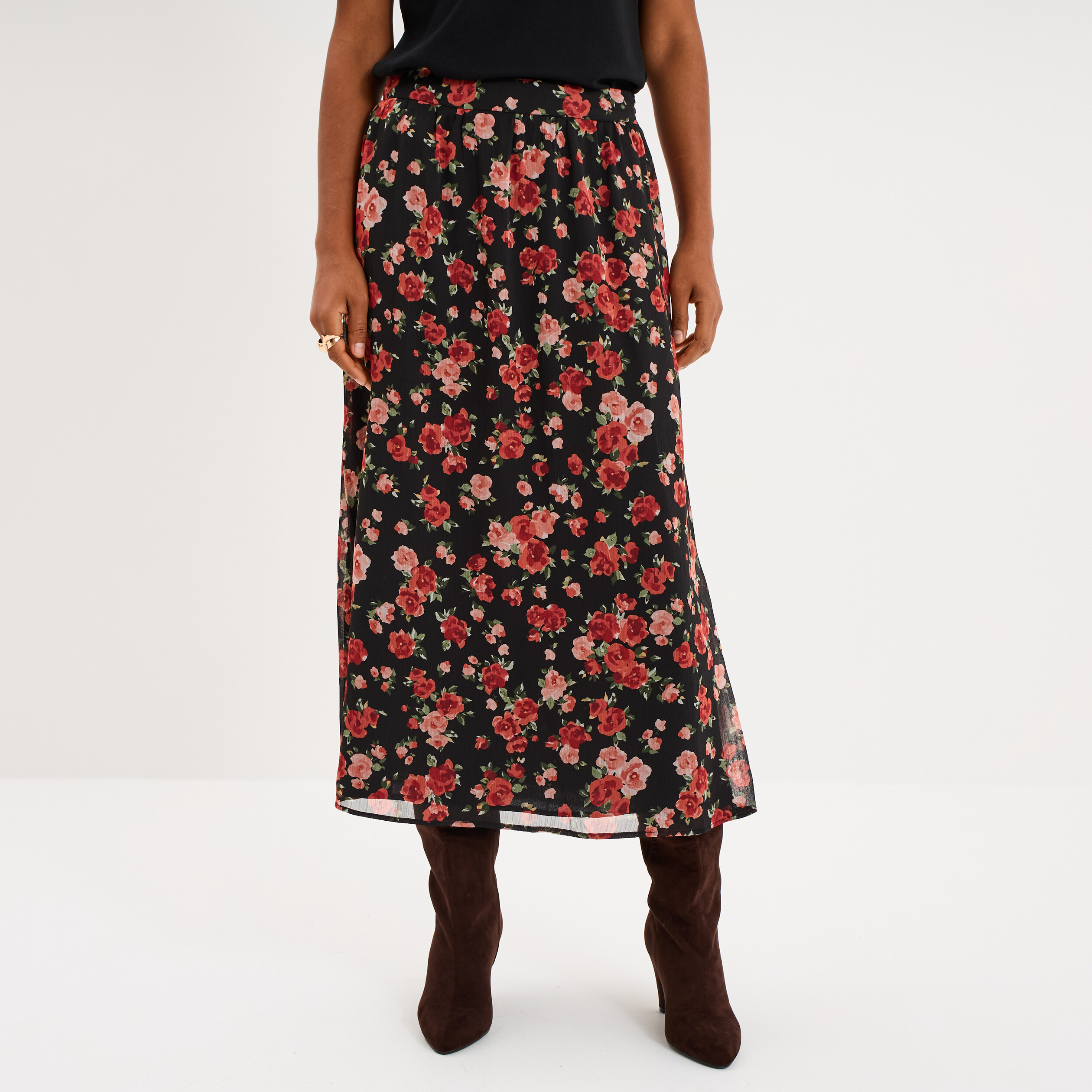 Jupe longue trap&egrave;ze noir femme
