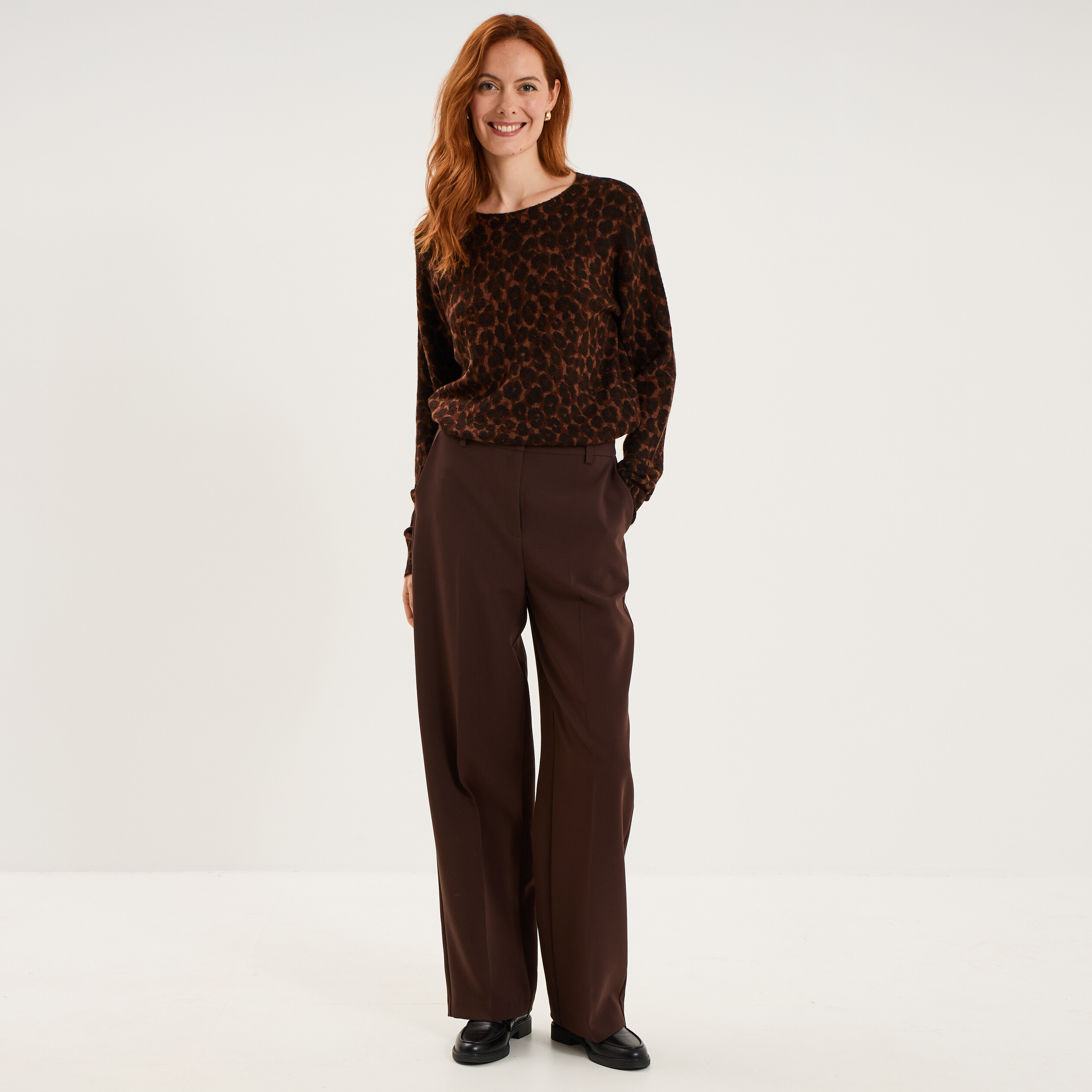 Pull droit col rond manches longues marron femme