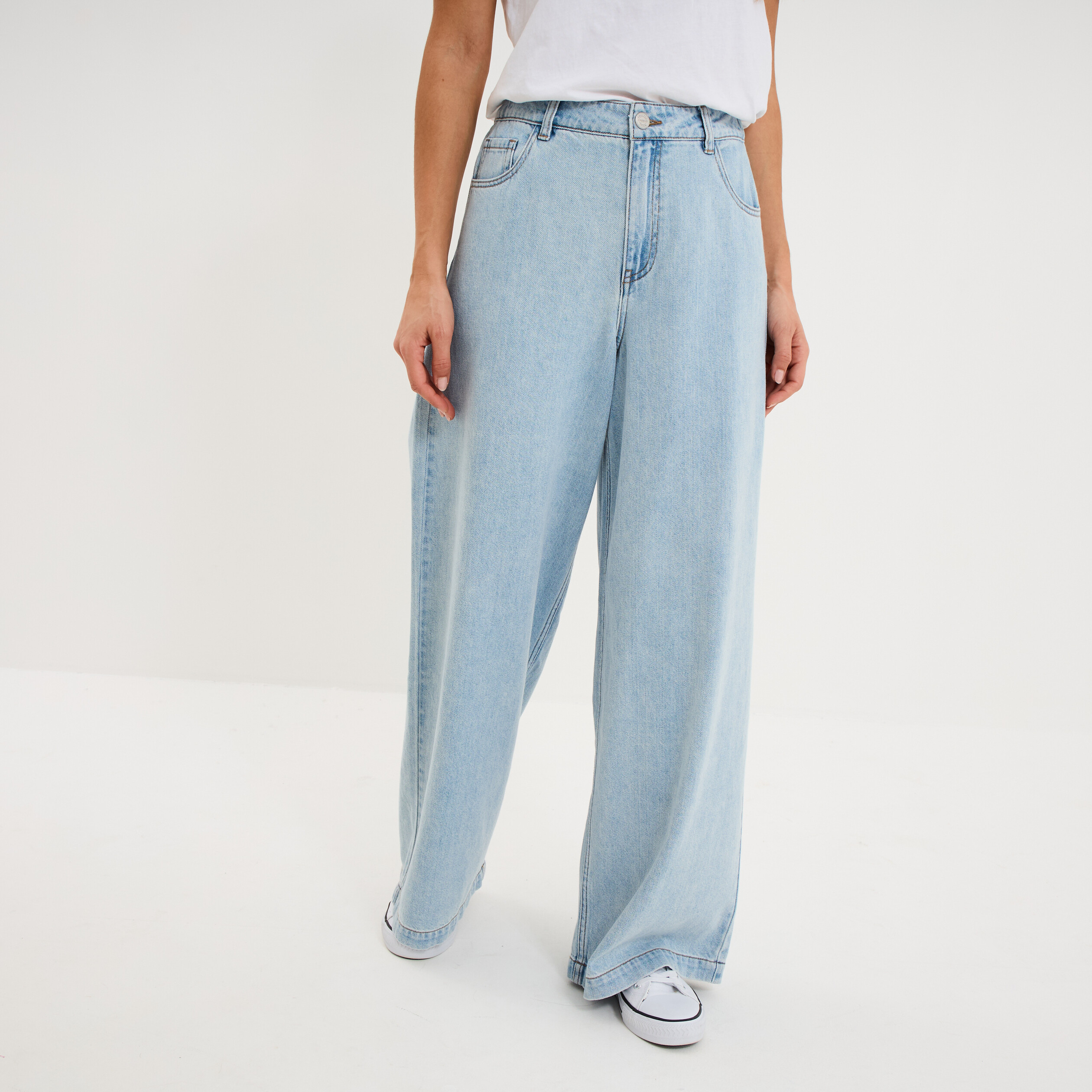 Jean extra large taille haute coton denim triple stone femme