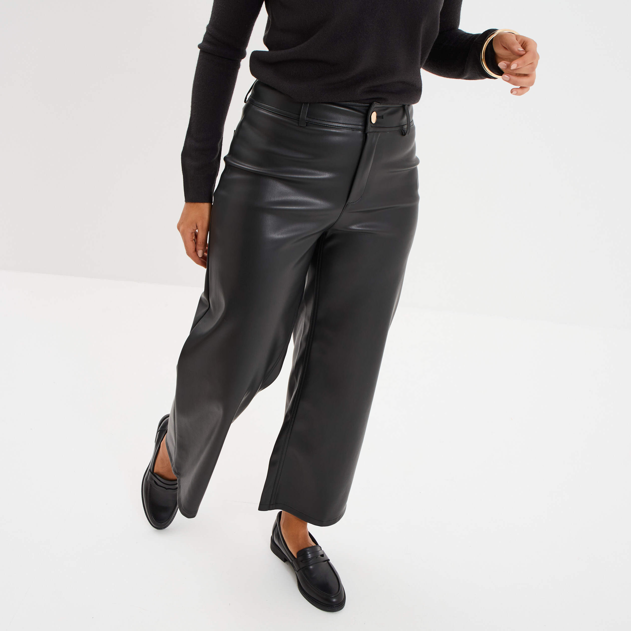pantalon simili cuir 78eme large noir femme Pantalon simili cuir 7/8ème large noir femme