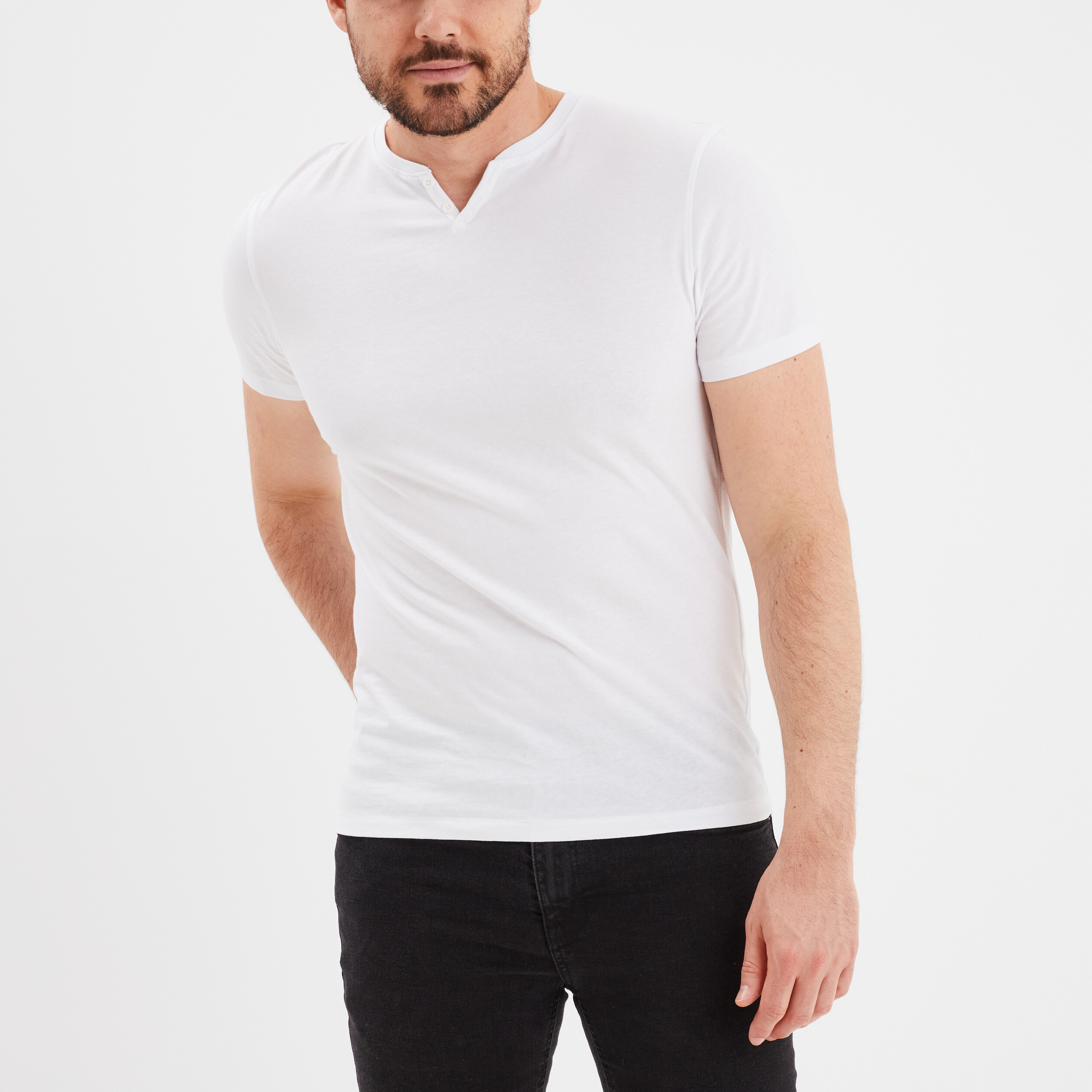 T-shirt manches courtes col tunisien blanc homme