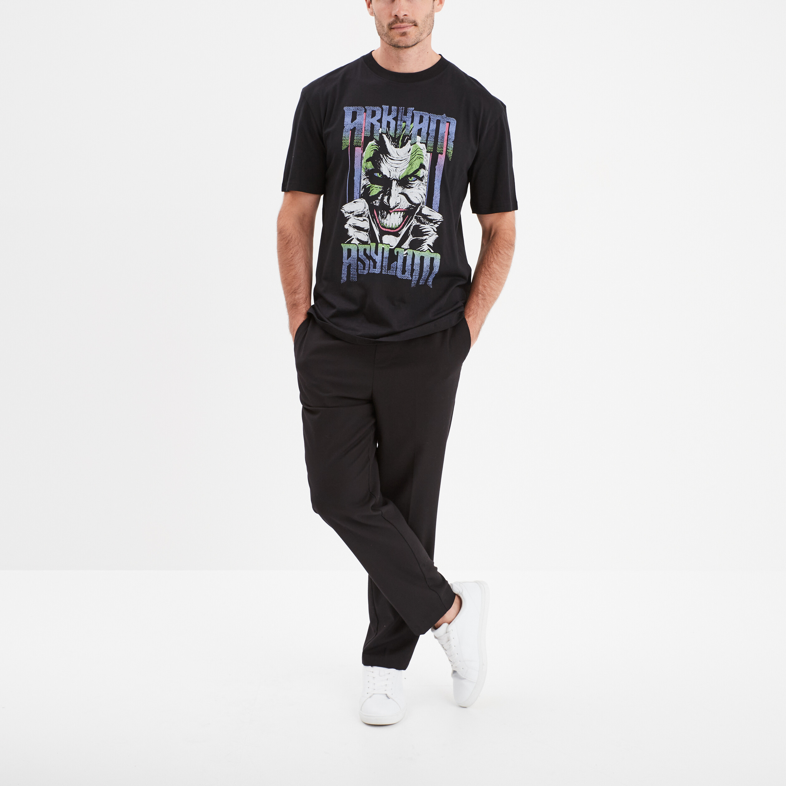 T-shirt col rond coton Batman Joker noir homme